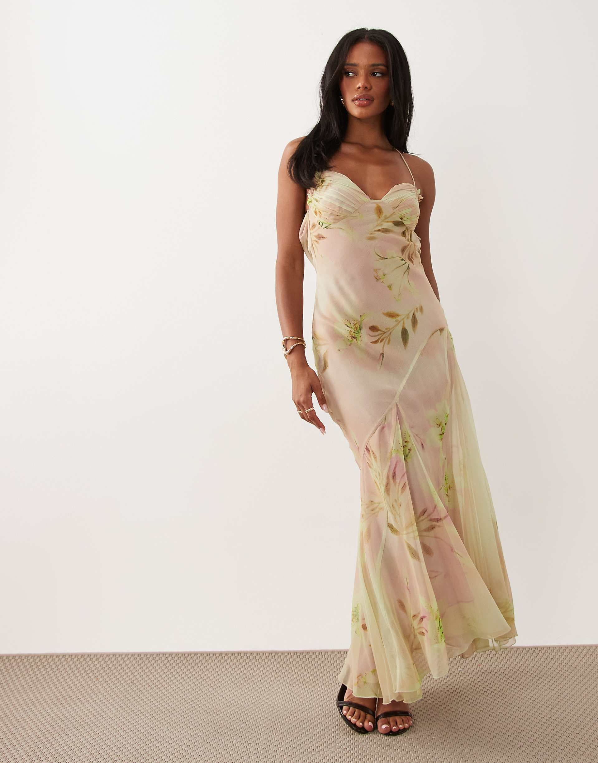ASOS DESIGN floral print leaf cami strap maxi dress in pastel pink & green