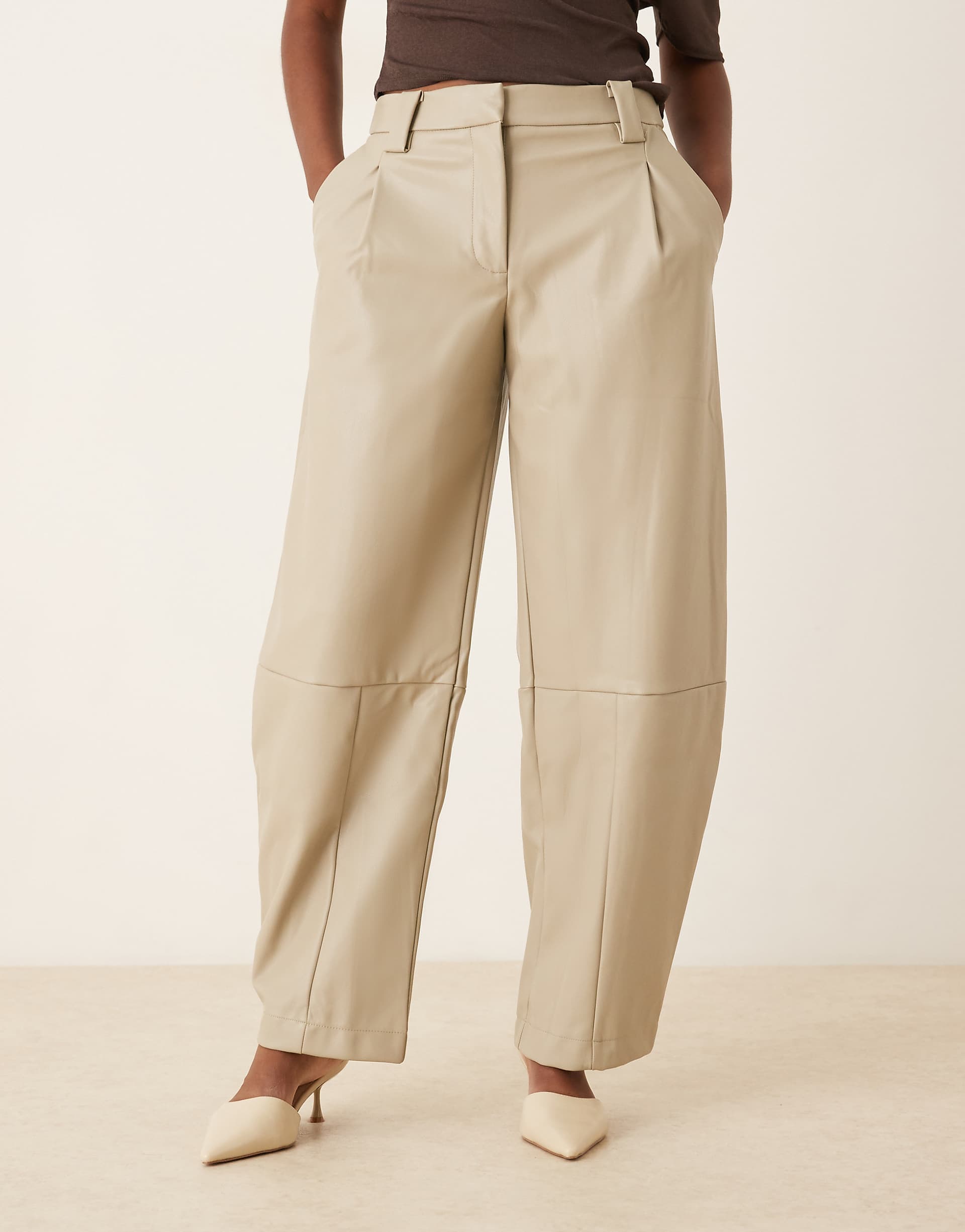ASOS DESIGN tailored leather look barrel pants in stone