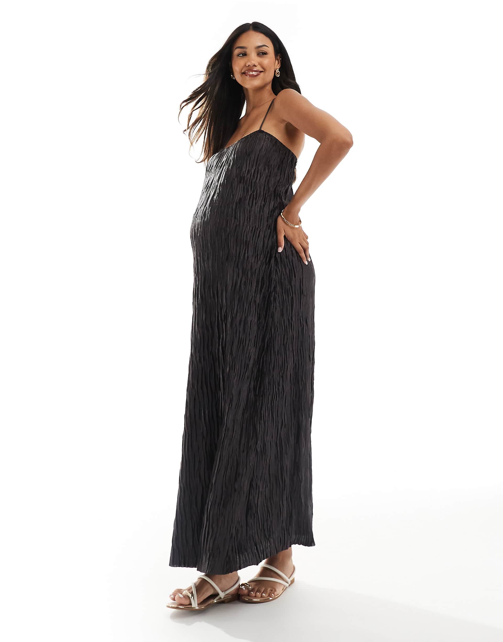 Vero Moda Maternity textured plisse cami maxi dress in chocolate