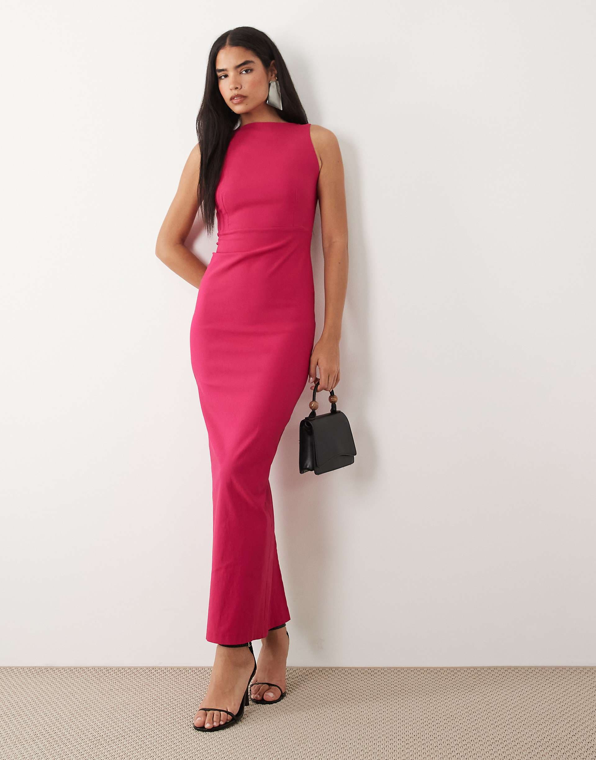 Vesper bengaline open back high neck maxi dress in hot pink