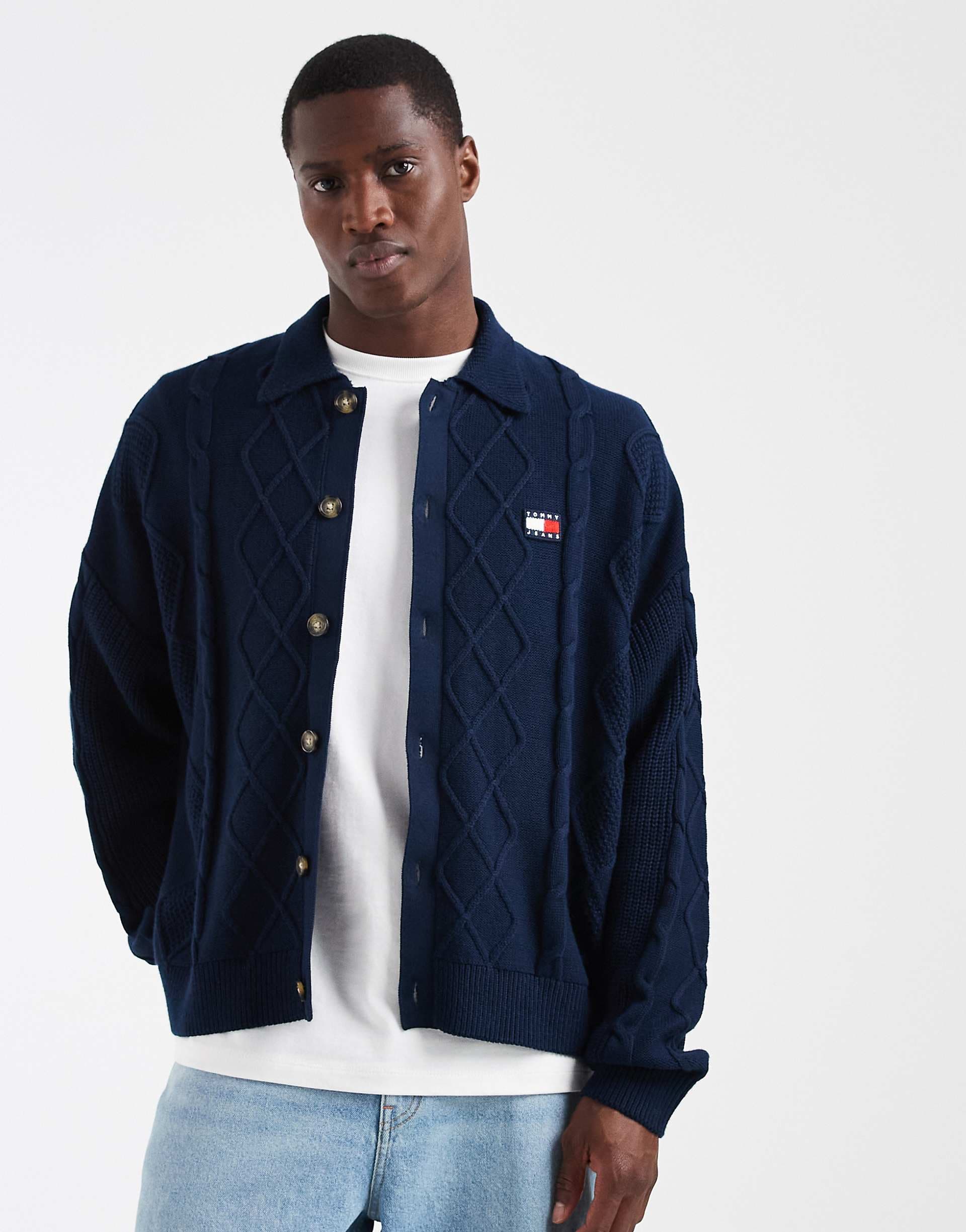 Tommy Jeans cable knit relaxed fit cardigan in navy