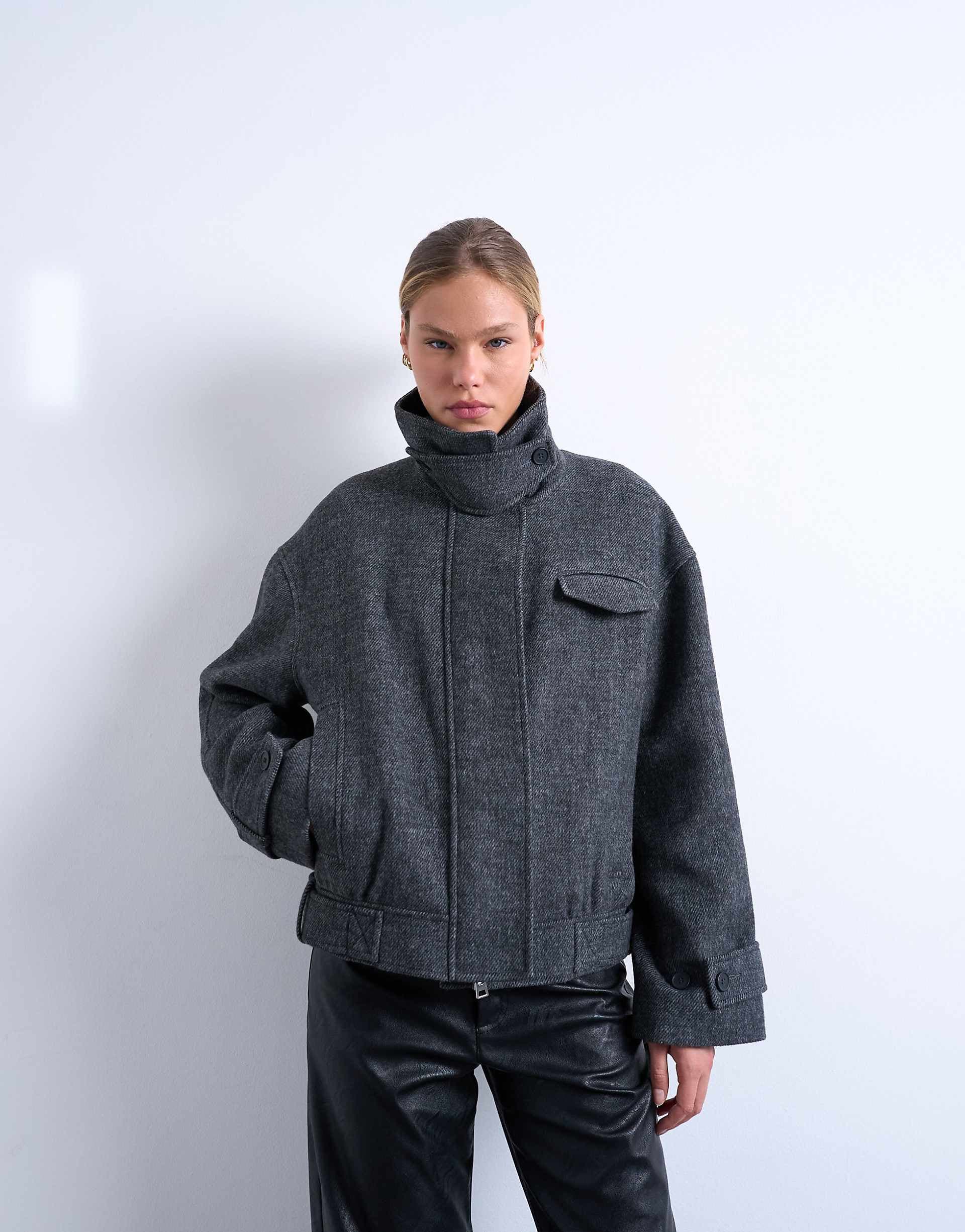 Topshop wool blend bomber jacket with tab detail in charcoal