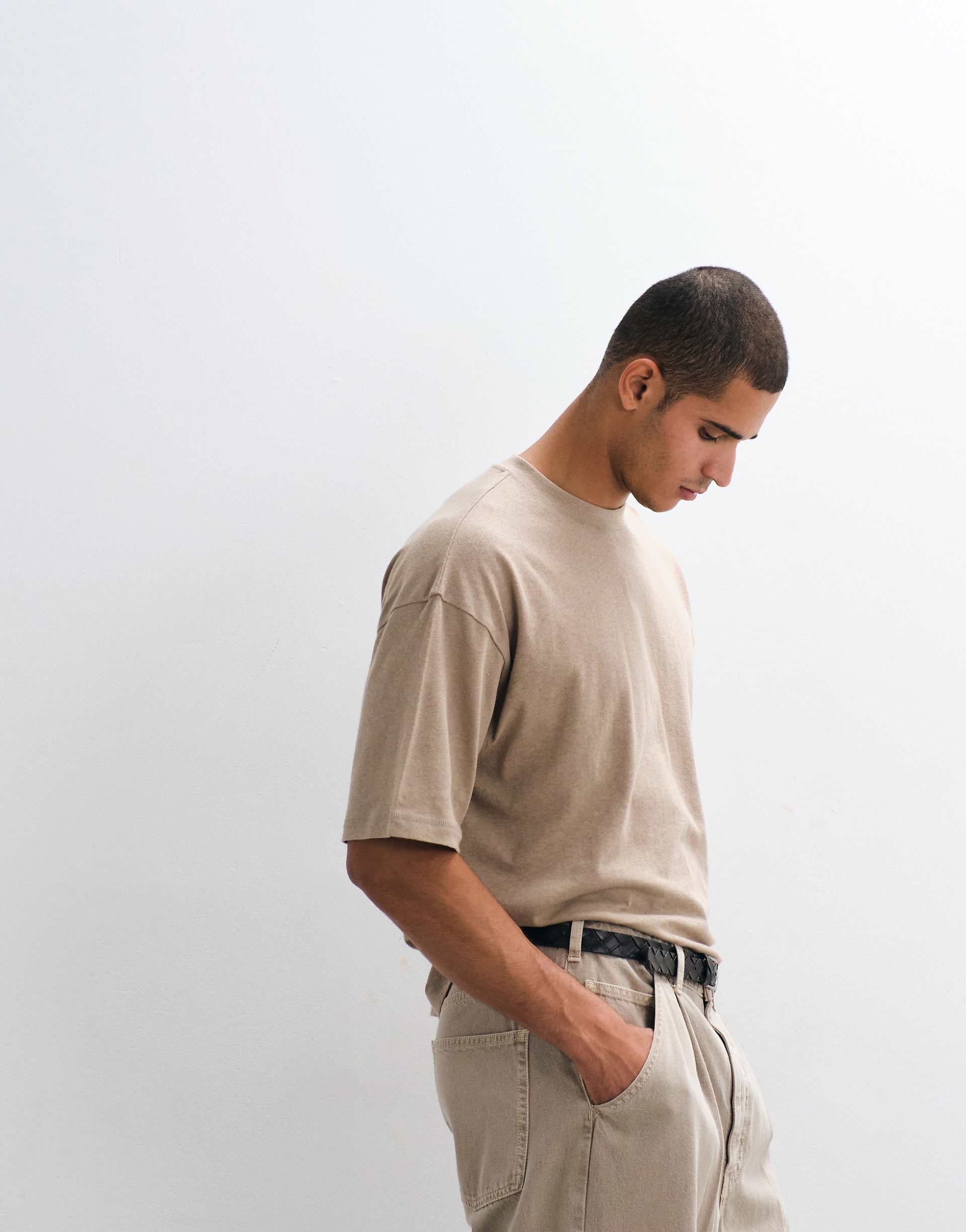 ASOS DESIGN boxy oversized T-shirt in beige with linen