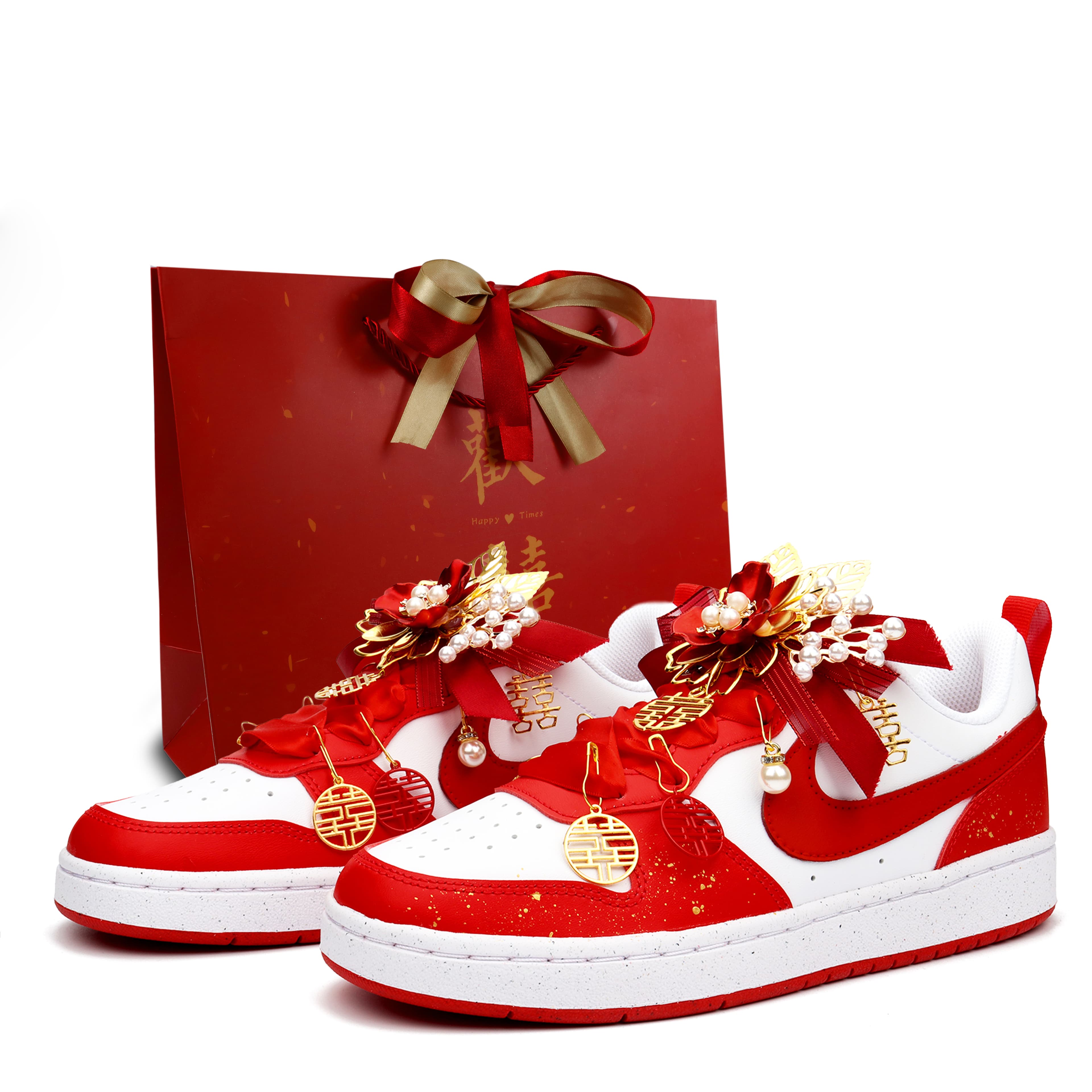 Custom Sneakers Nike Court Borough Eternal Love Xiuhe Wedding Shoes Gift Bag Couple New Chinese Style Daily Detachable High-End Auspicious Romantic Anti-Slip Shock Absorption Low-Top Skate Shoes Women Red