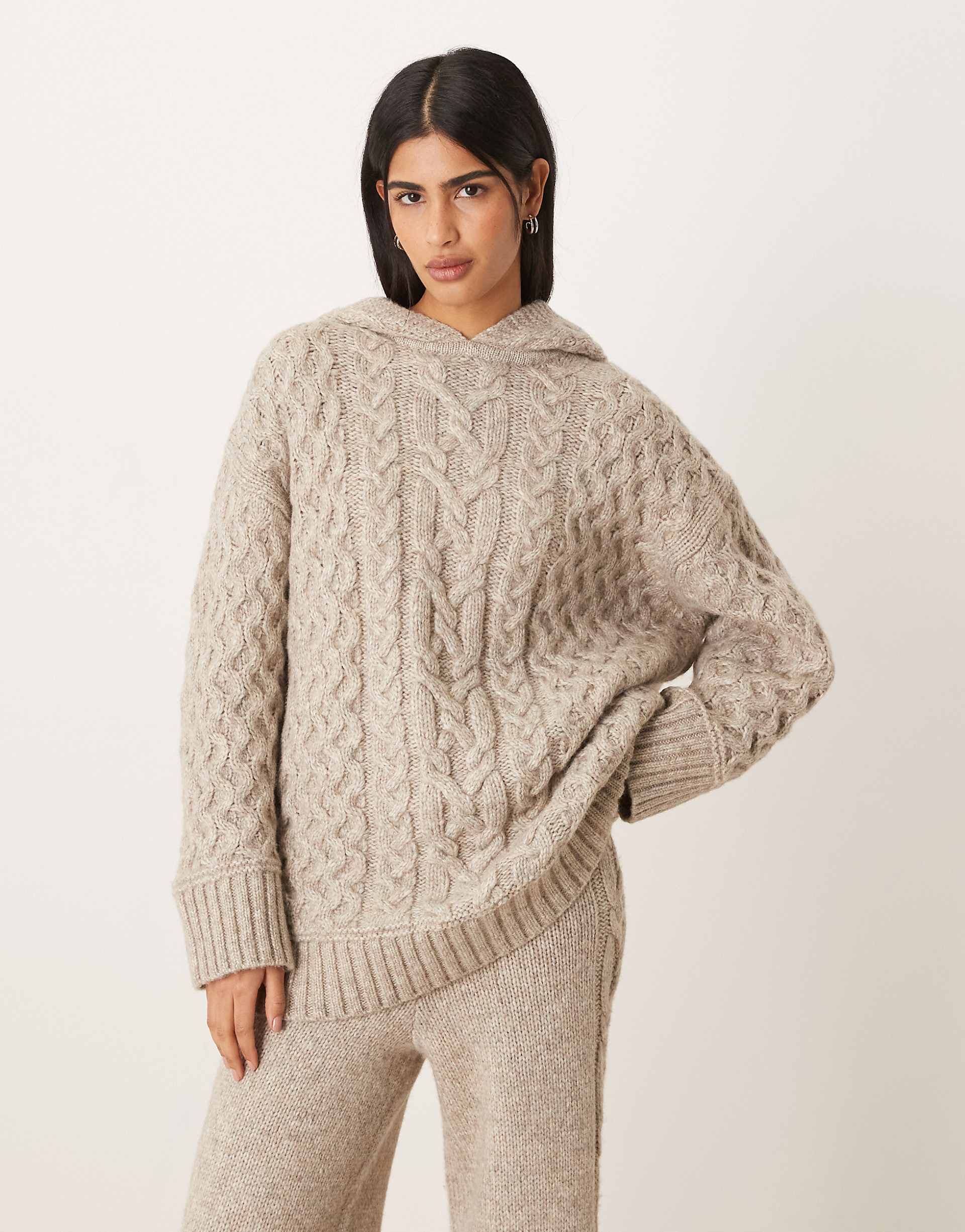 ASOS DESIGN oversized cable knit hoodie in oatmeal - part of a set