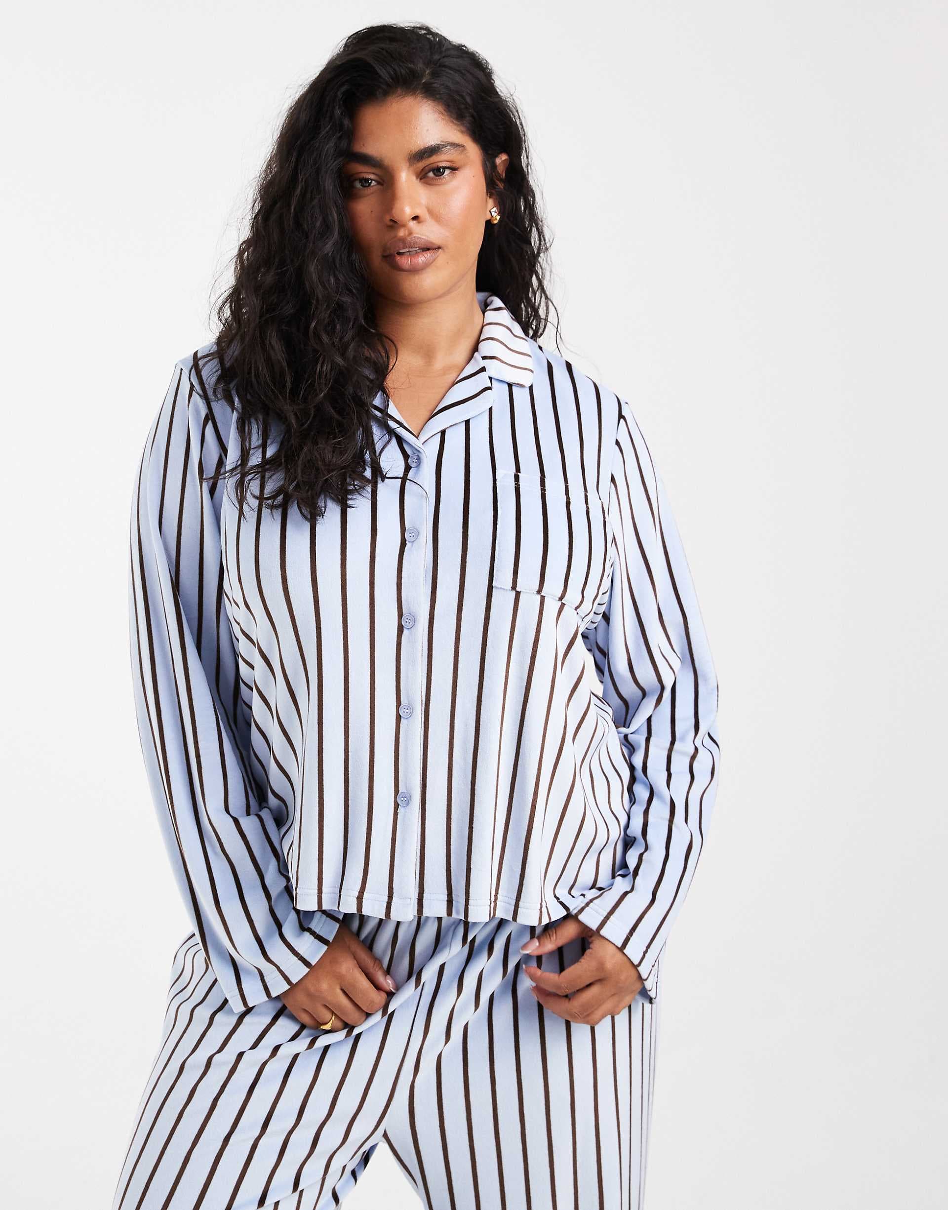 Loungeable Curve cozy velour camp collar button up shirt and pants pajama set in blue striped print