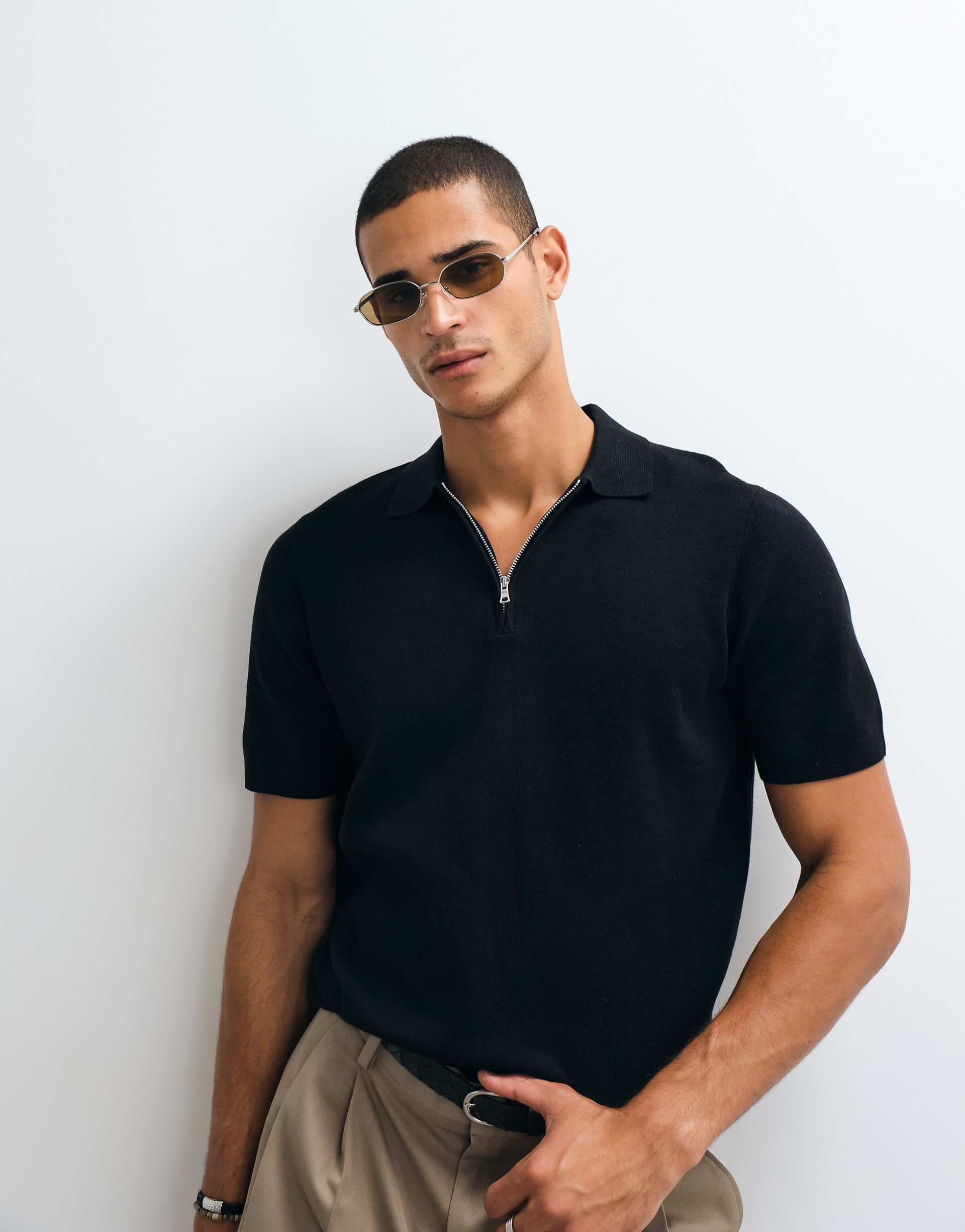 ASOS DESIGN Essential knit cotton blend zip polo in black