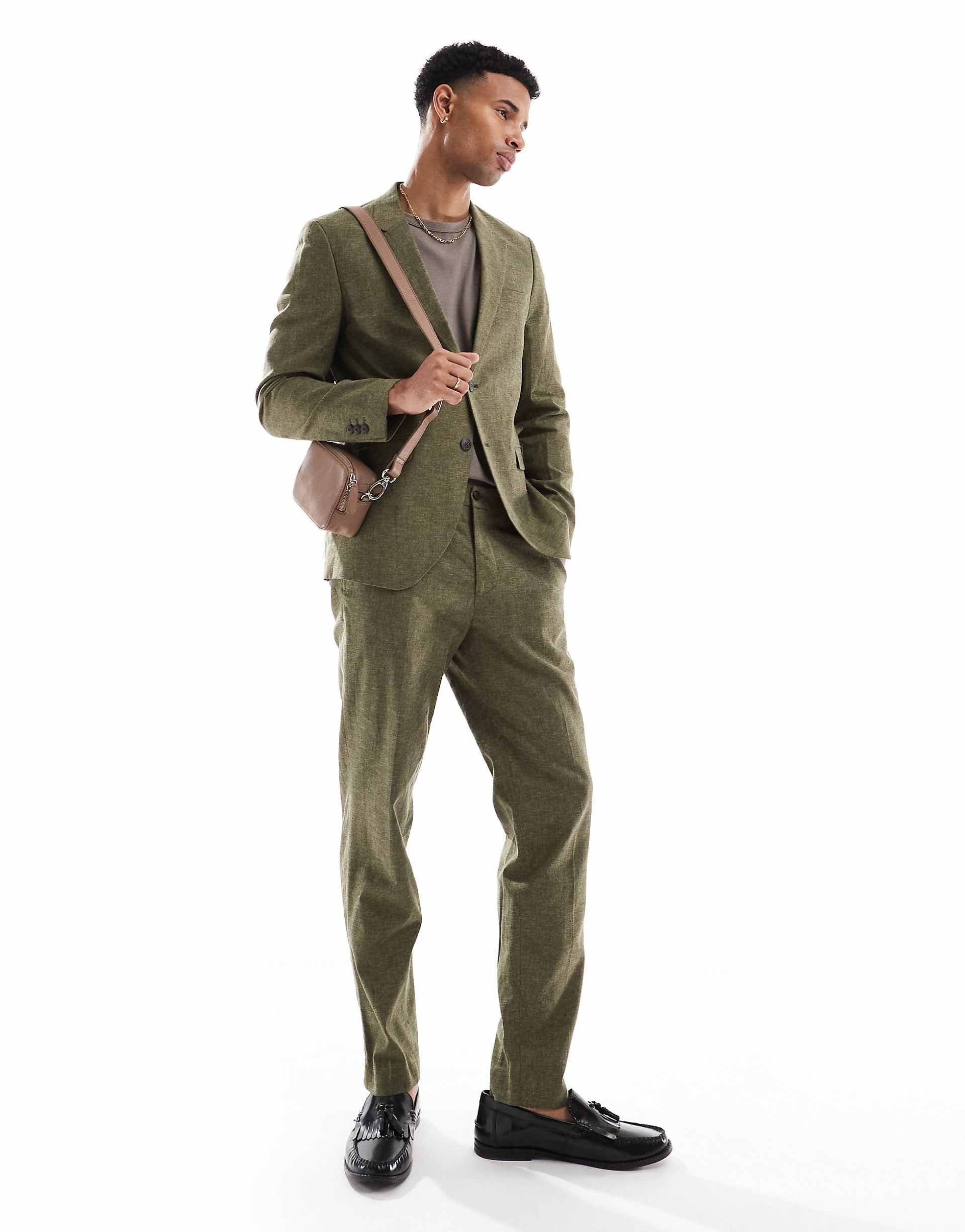 Jack & Jones Premium linen mix suit pants in olive green