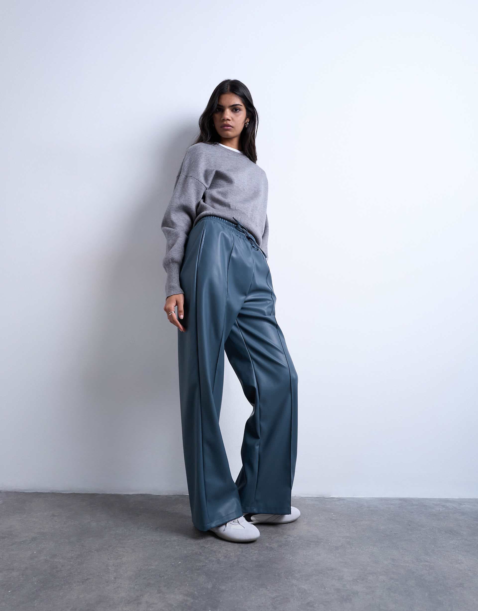 Topshop faux leather wide leg sweatpants with pinseam detail in blue