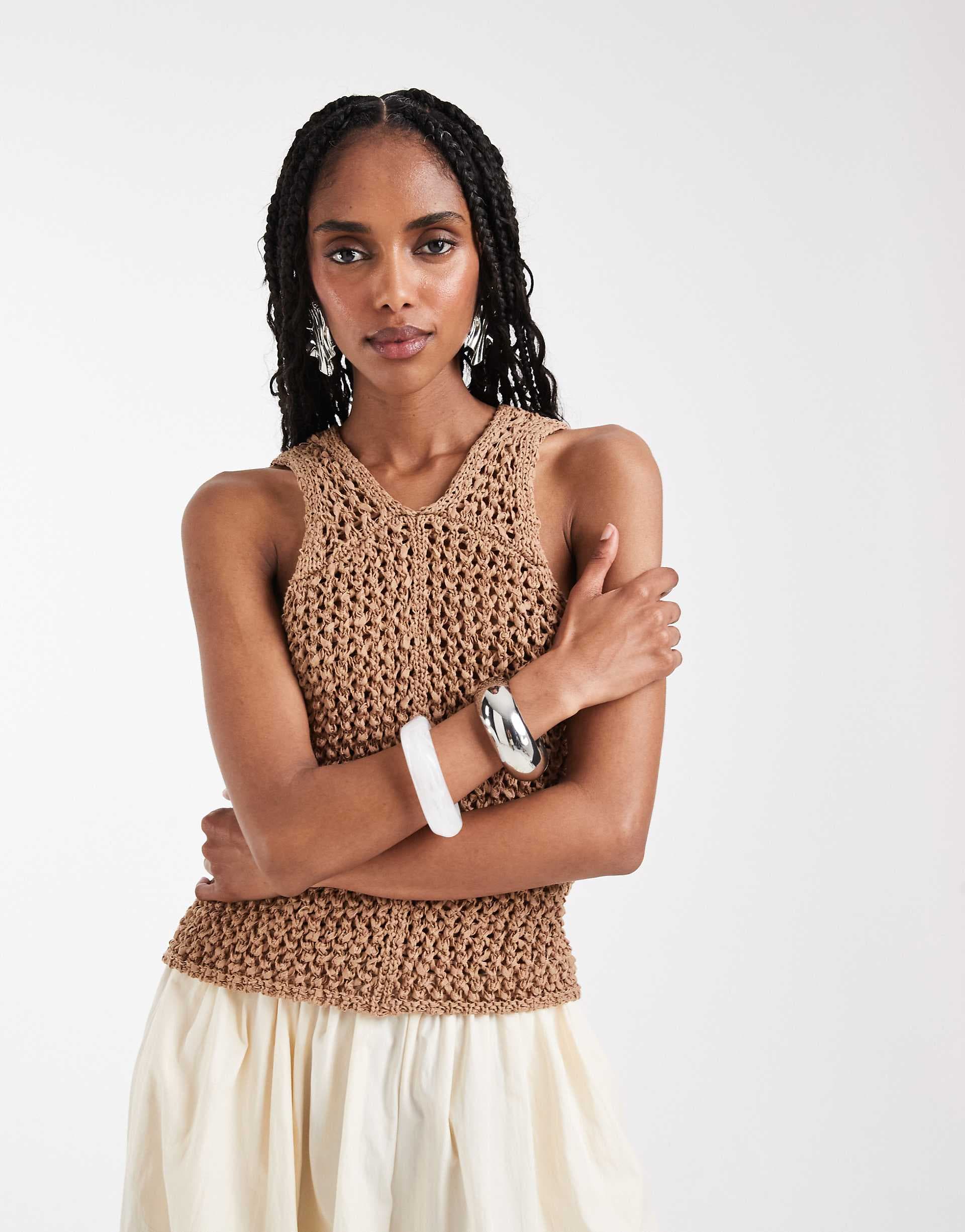ASOS DESIGN tape yarn open stitch tank top in toffee