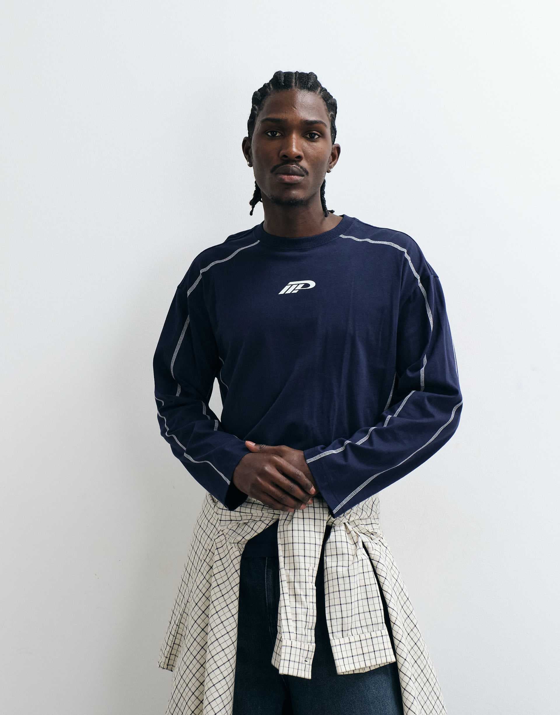 Cotton On boxy fit long sleeve graphic t-shirt in auto navy