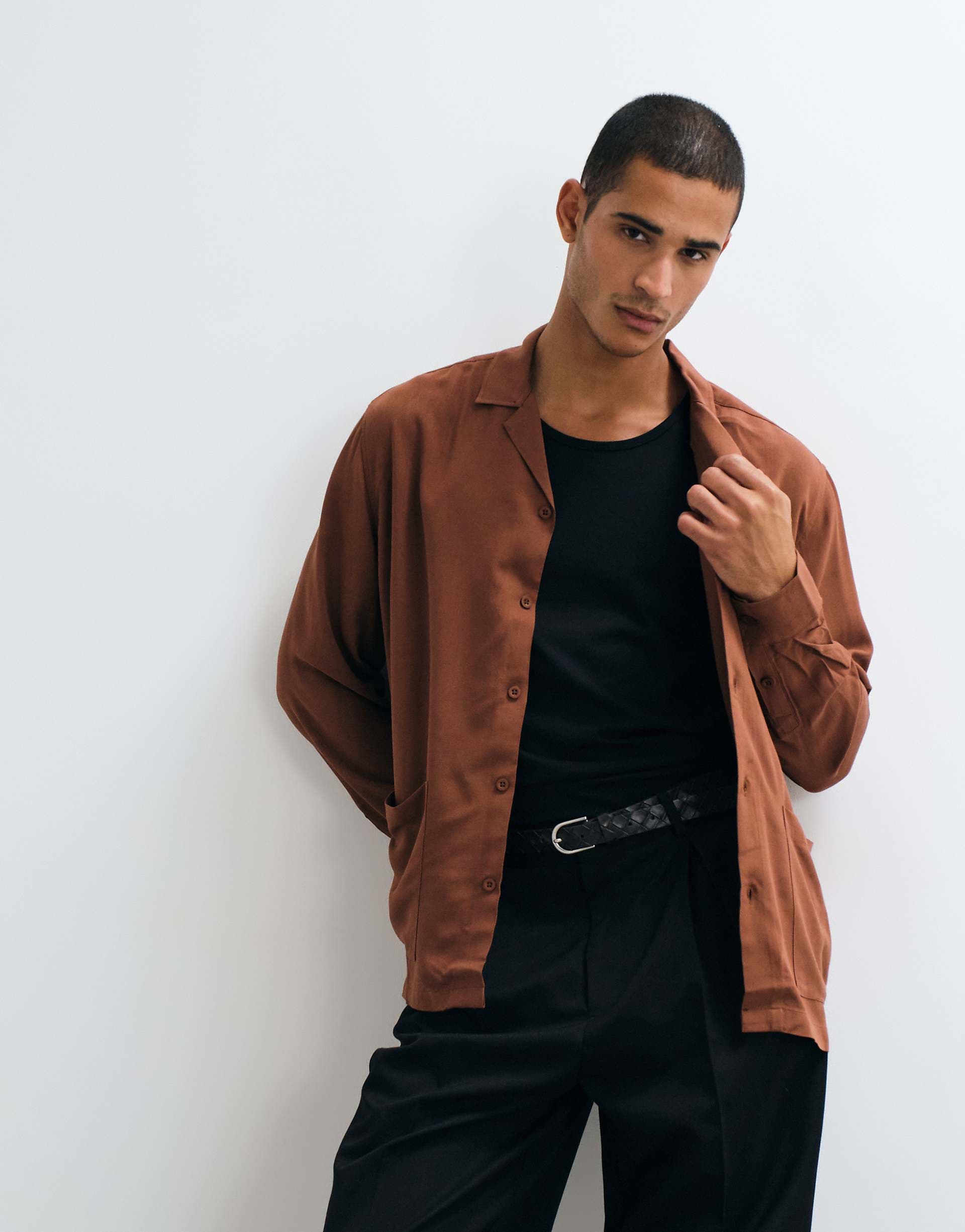 ASOS DESIGN relaxed camp collar shirt with double pockets in brown