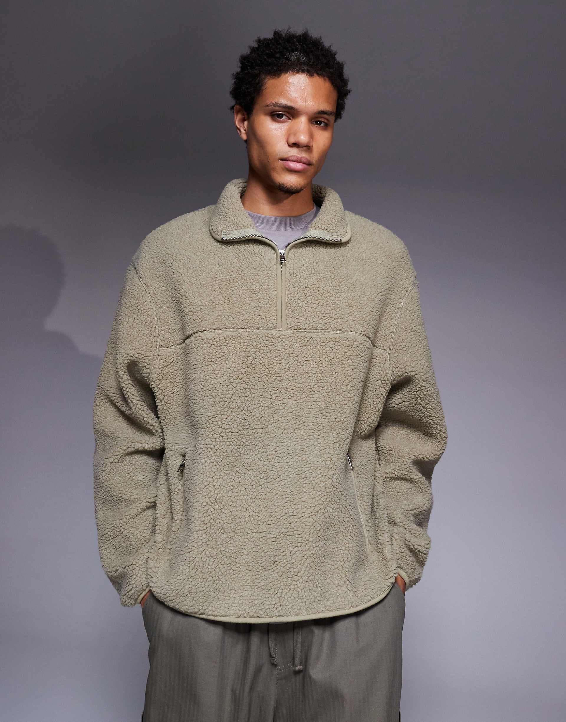 ASOS DESIGN relaxed quarter zip funnel neck borg sweatshirt in stone