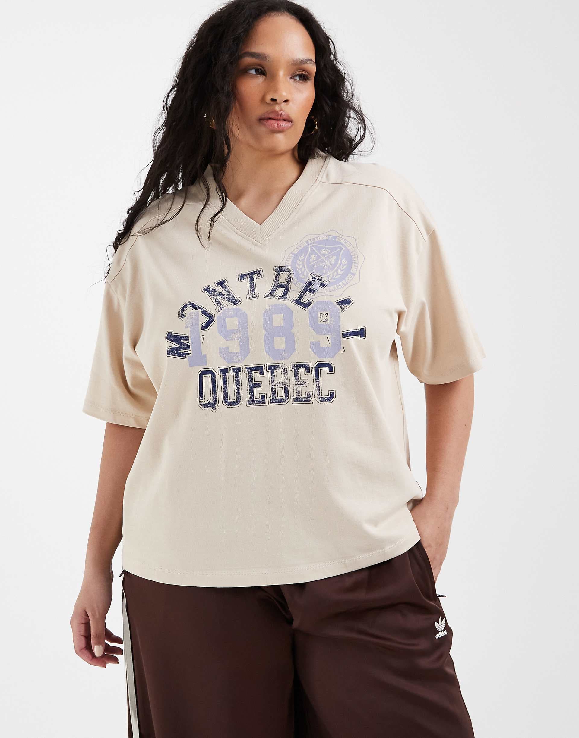 ASOS DESIGN Curve v-neck relaxed tee with Montreal athletic graphic in stone