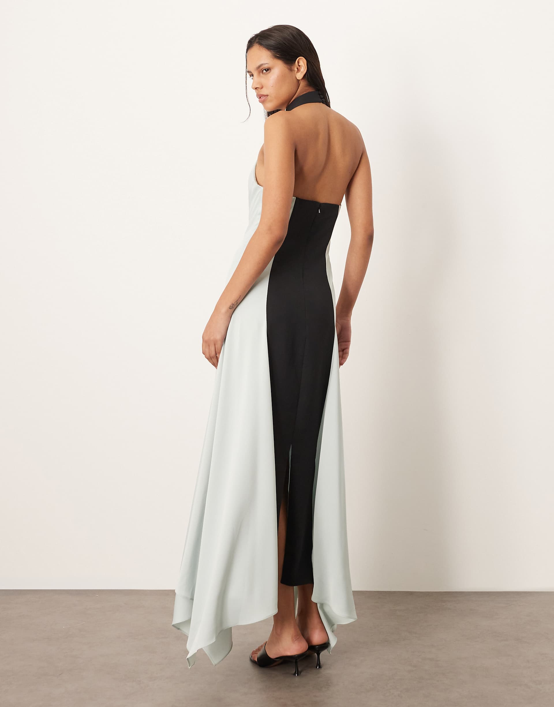 ARRANGE satin contrast back halter square cut maxi dress in ice blue and black