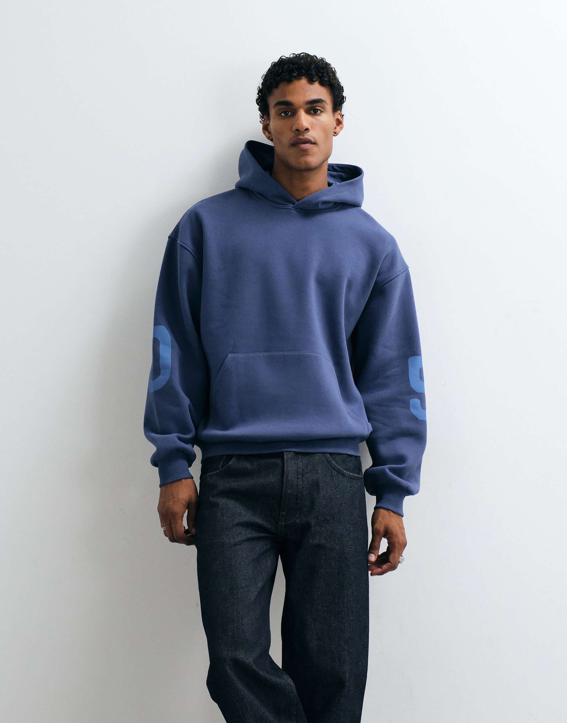 ASOS DESIGN oversized tonal hood with pigment print in blue