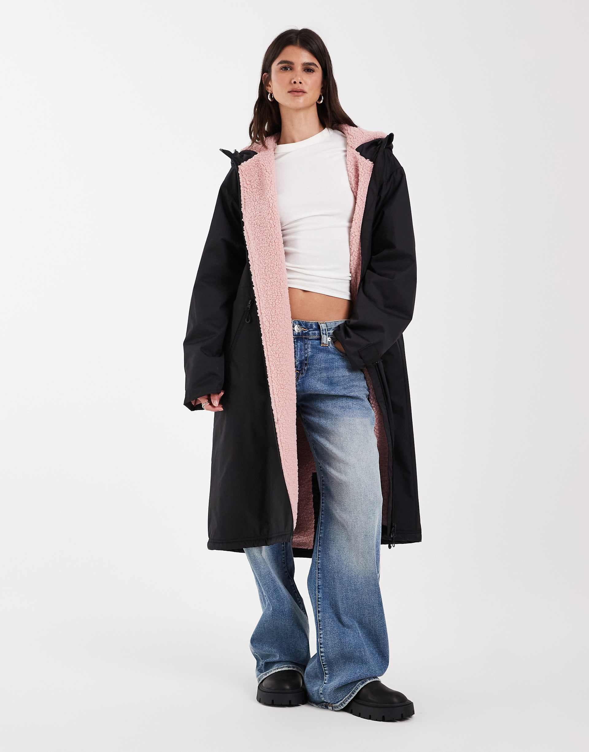 ASOS DESIGN longline rain coat in black with pink borg liner