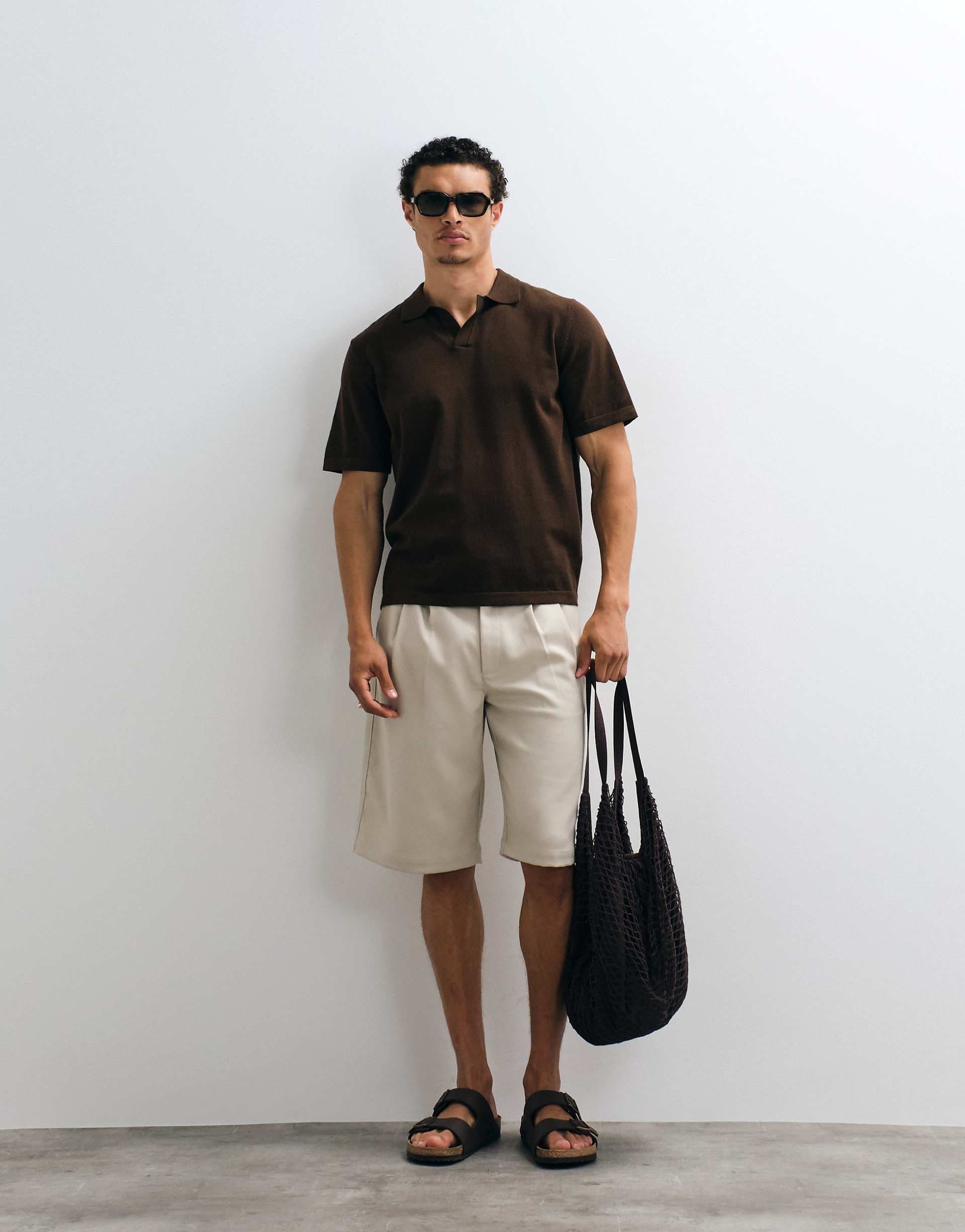 ASOS DESIGN Essential relaxed fine-knit notch polo in brown