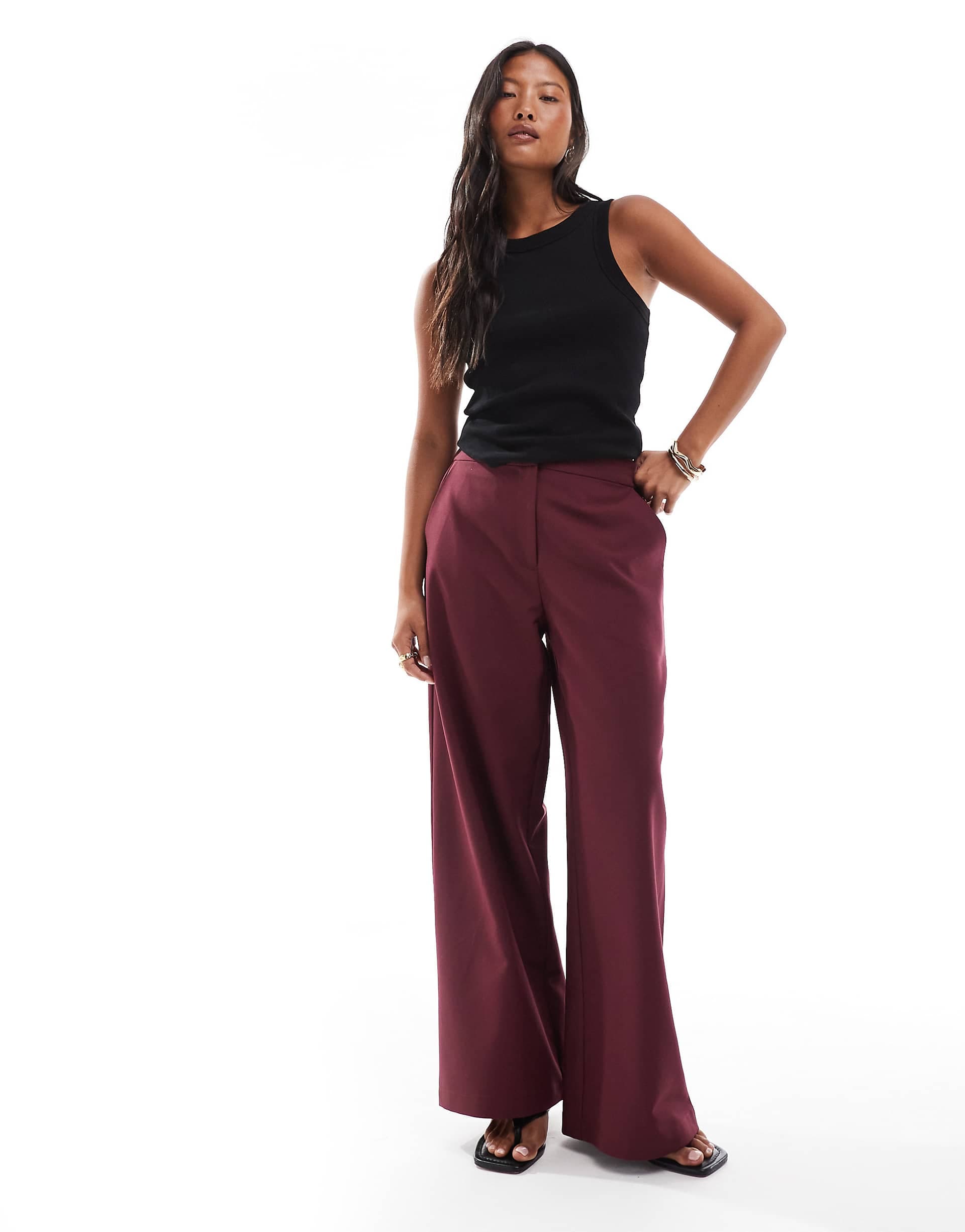ASOS DESIGN Petite tailored relaxed straight leg pants in dark cherry