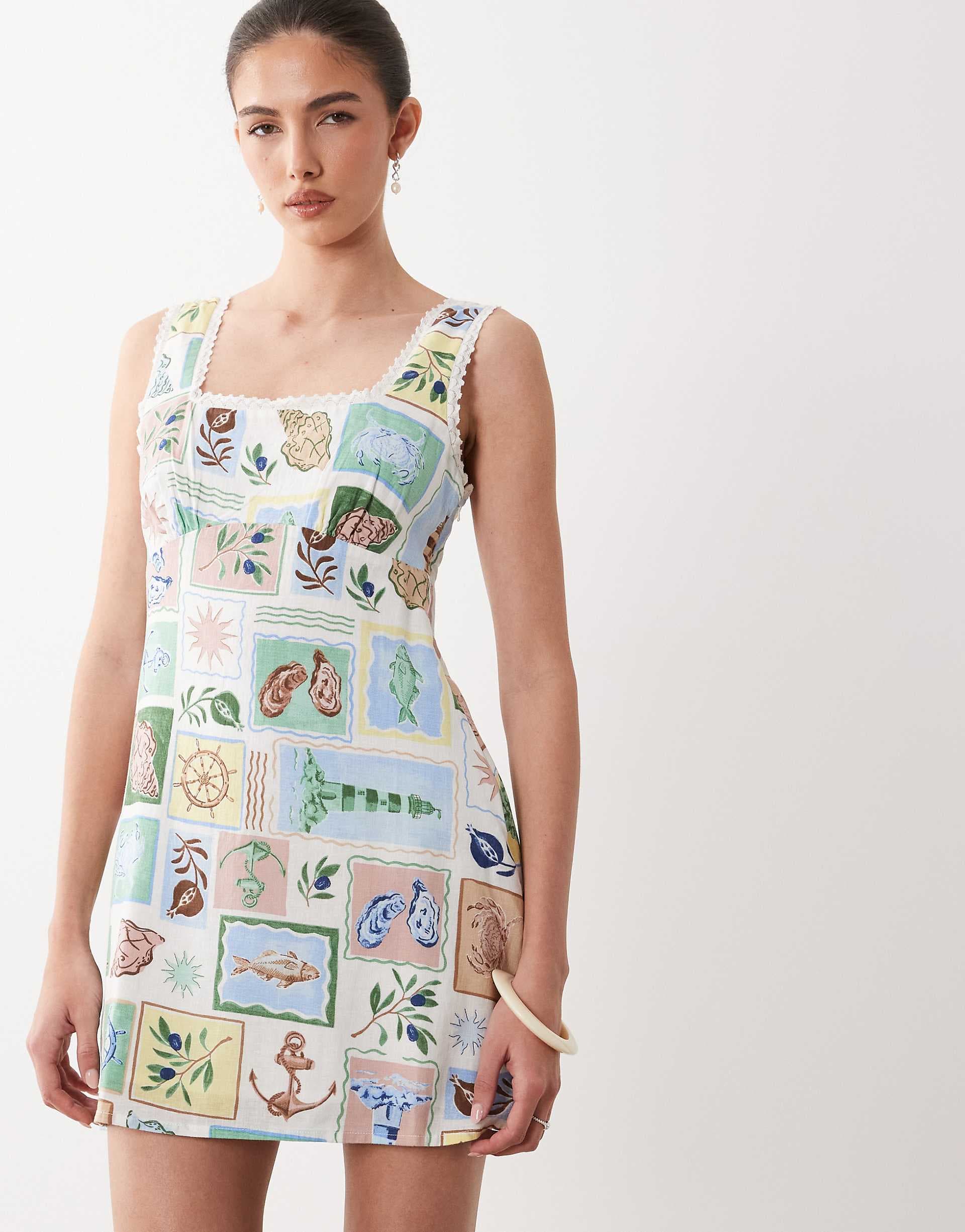 Nobody's Child Ciara linen blend square neck sleeveless mini dress in postcard print