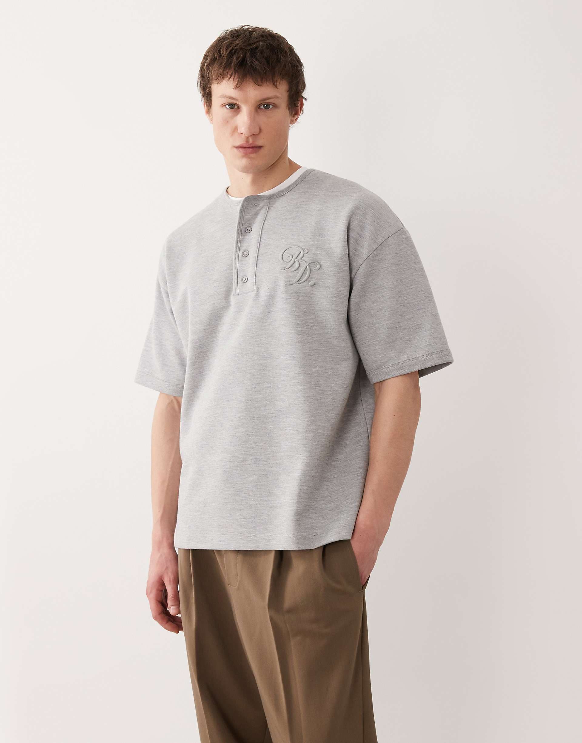 ASOS DESIGN heavyweight oversized henley t-shirt with chest embroidery in heather gray