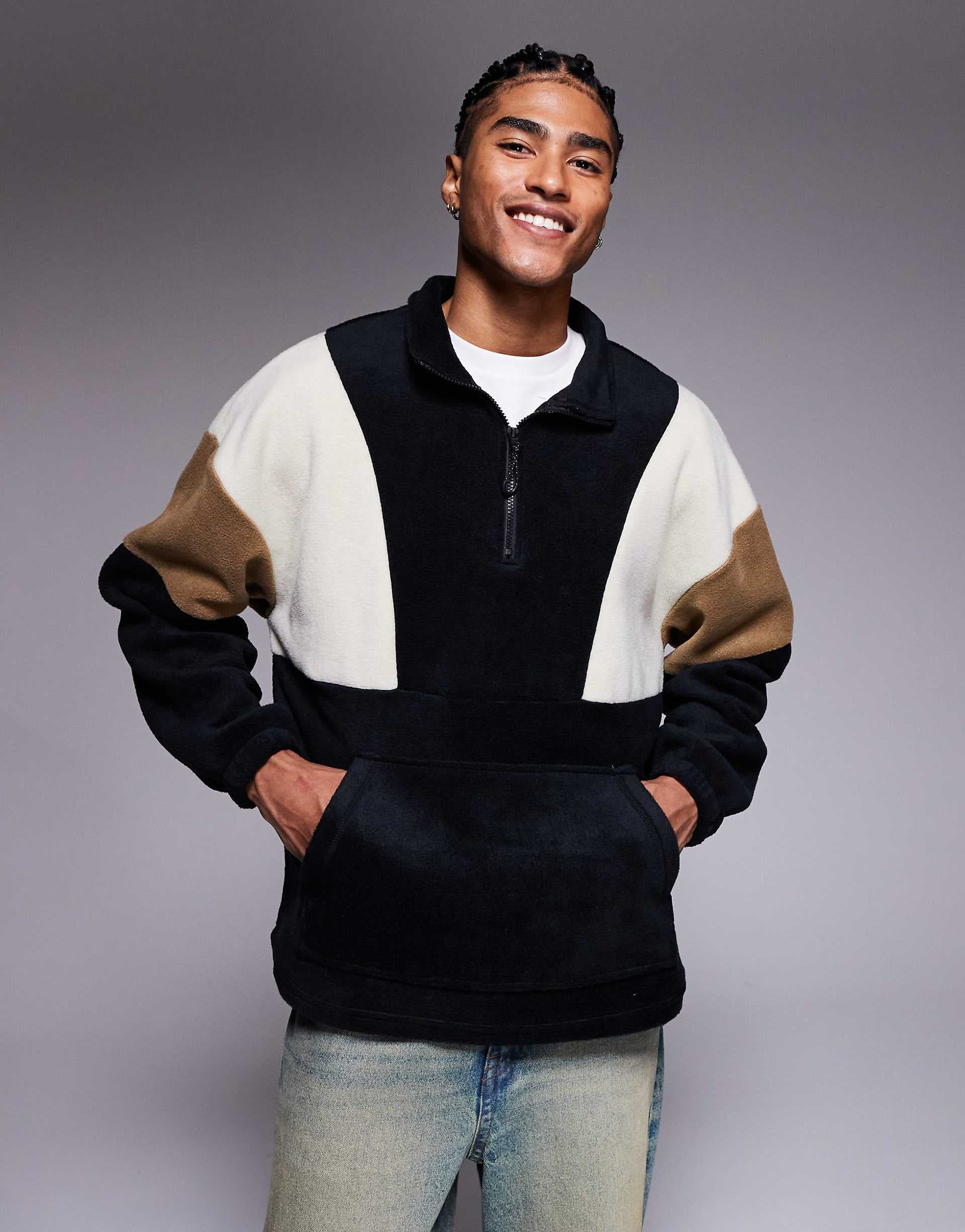 ASOS DESIGN relaxed quarter zip funnel neck fleece sweatshirt with color block in black