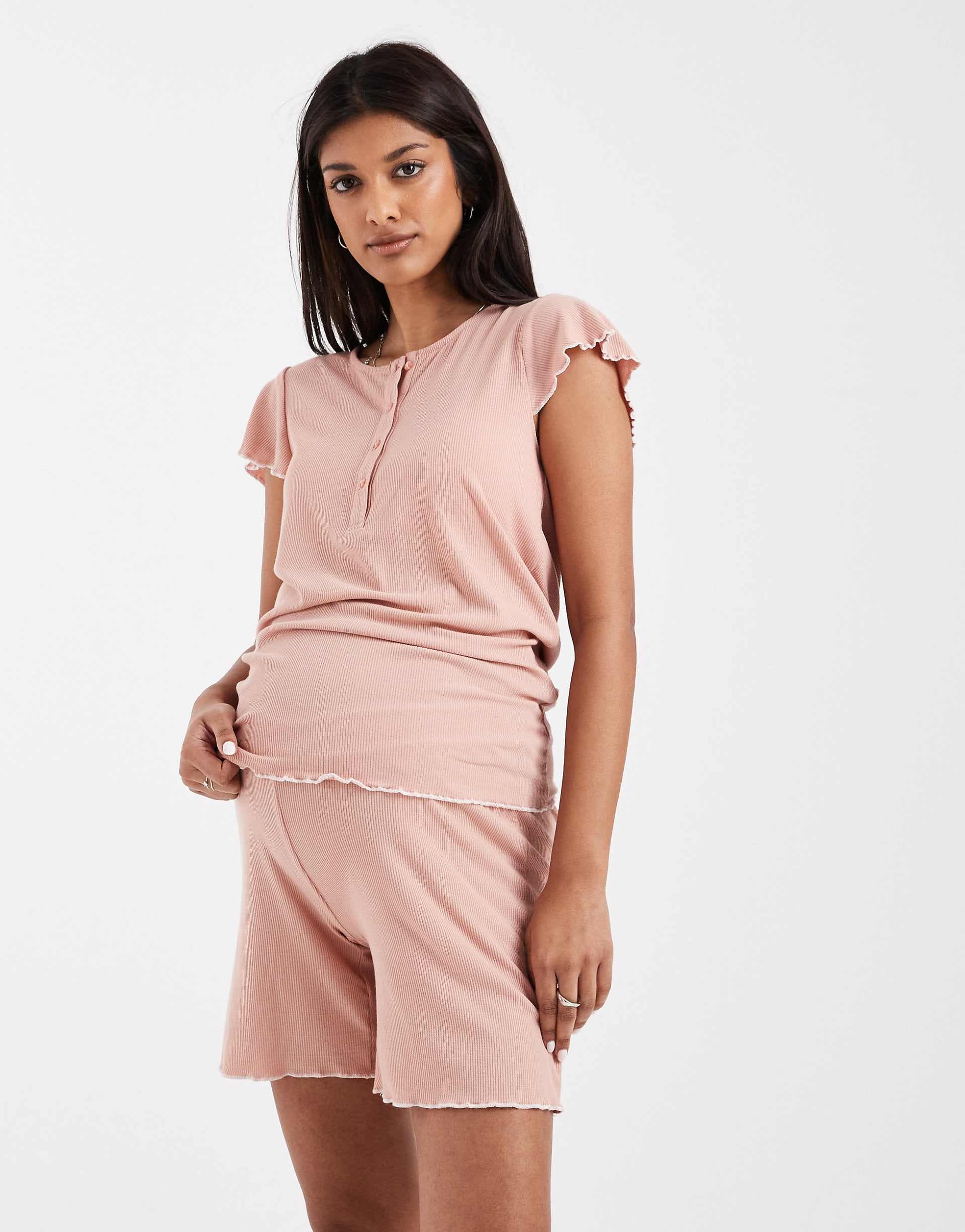 Mamalicious Maternity 2 function nursing top and shorts pajama set with lettuce edge in beige