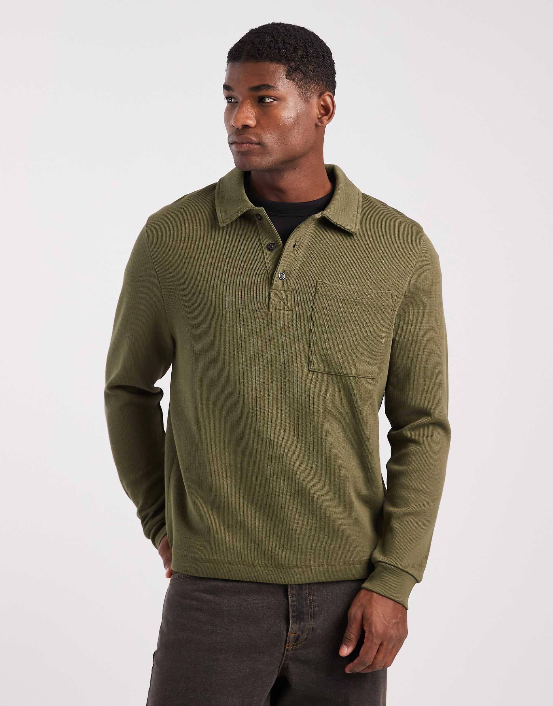 ASOS DESIGN oversized button placket polo shirt with pocket in khaki green