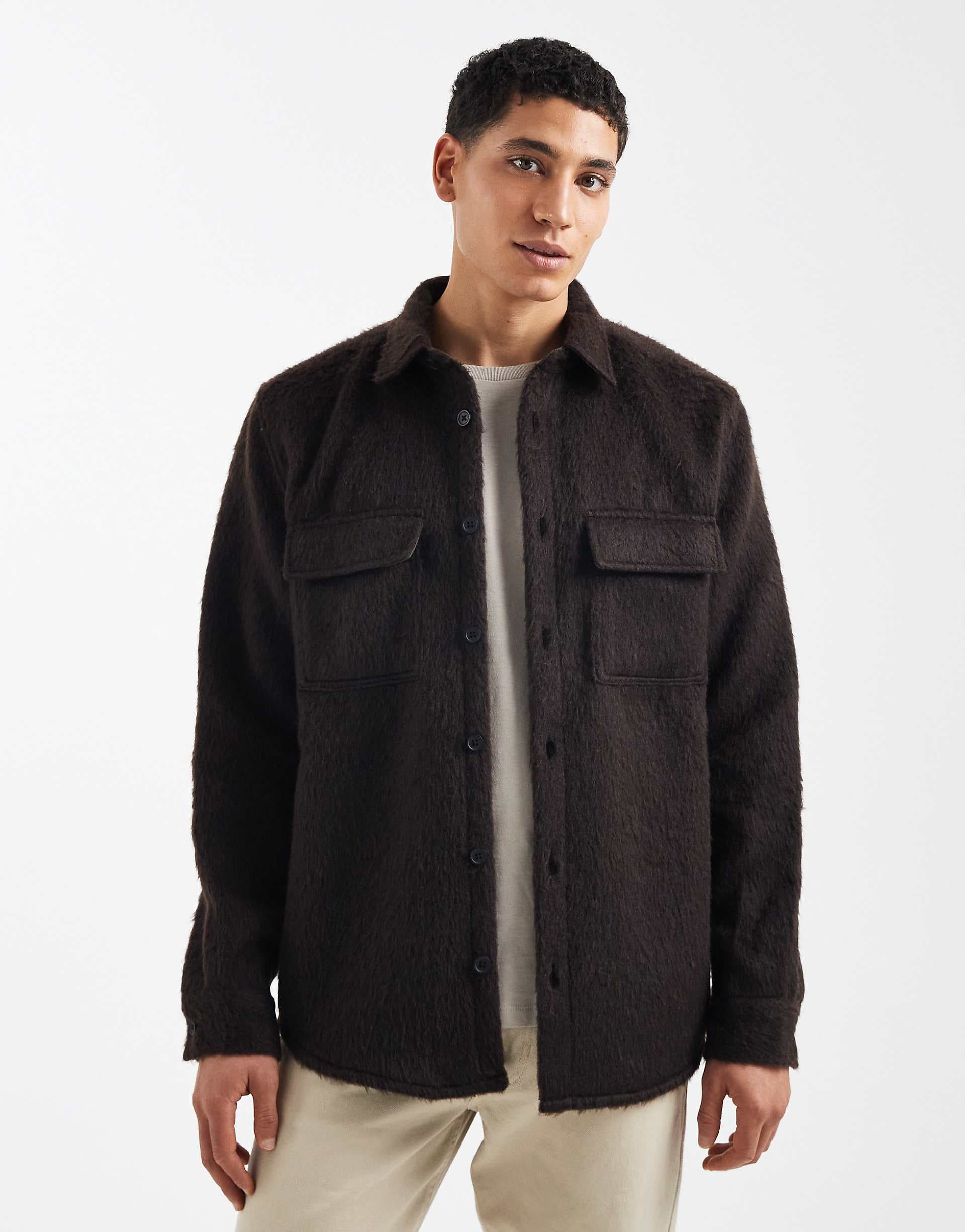 ASOS DESIGN brushed wool blend overshirt in brown