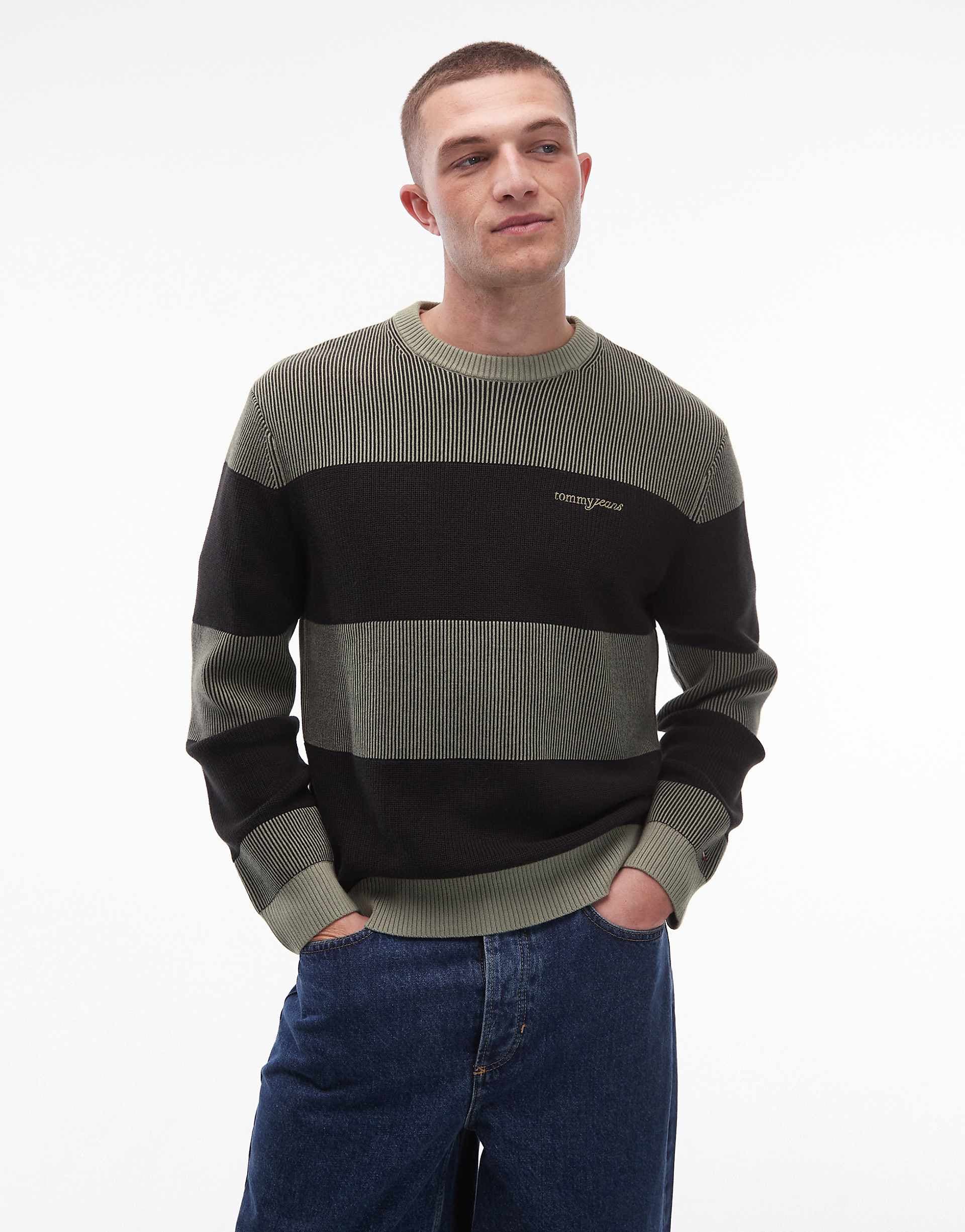 Tommy Jeans waffle texture sweater in sage and black stripe