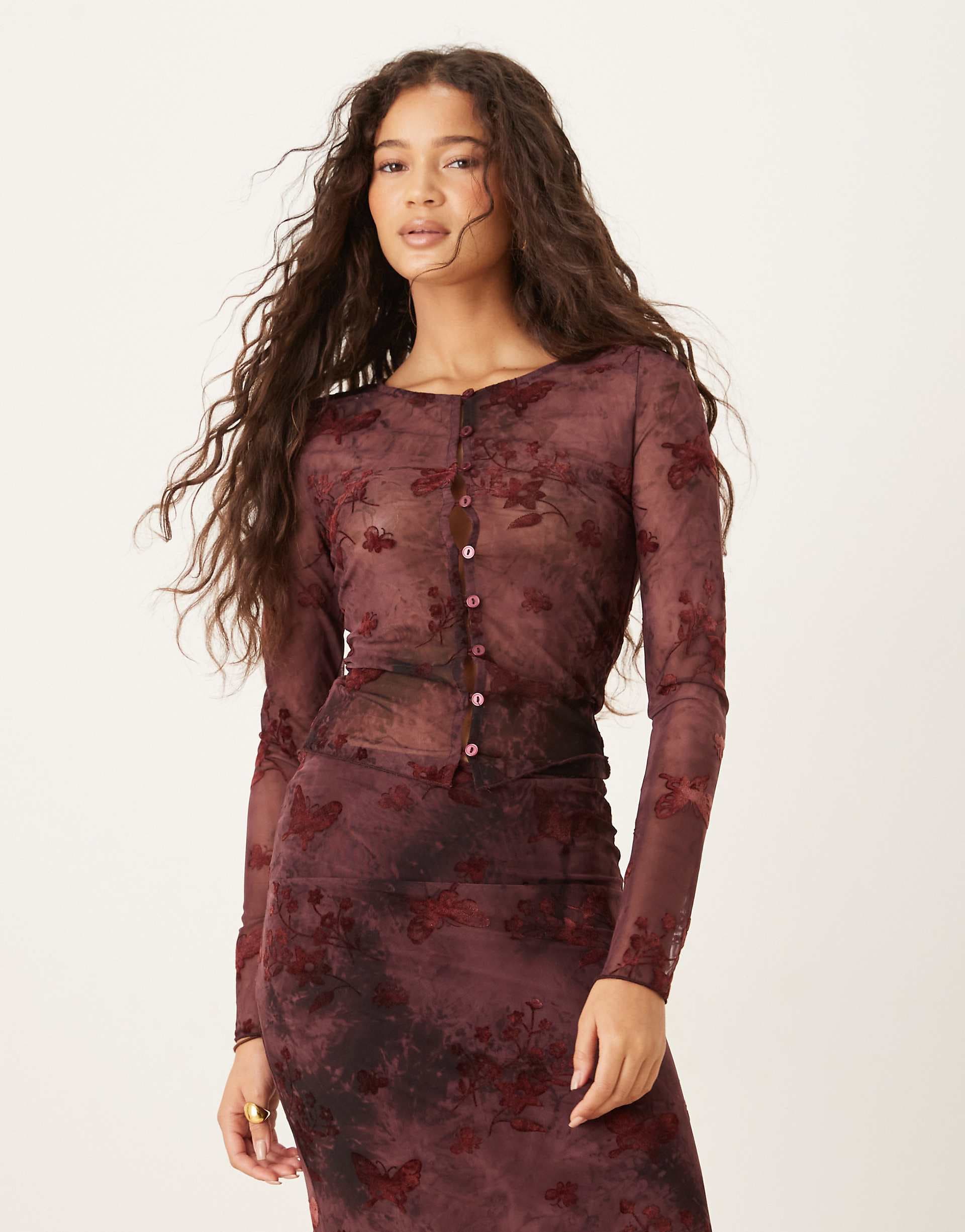 Kiss The Sky long sleeve button up laced top in cherry lacquer - part of a set