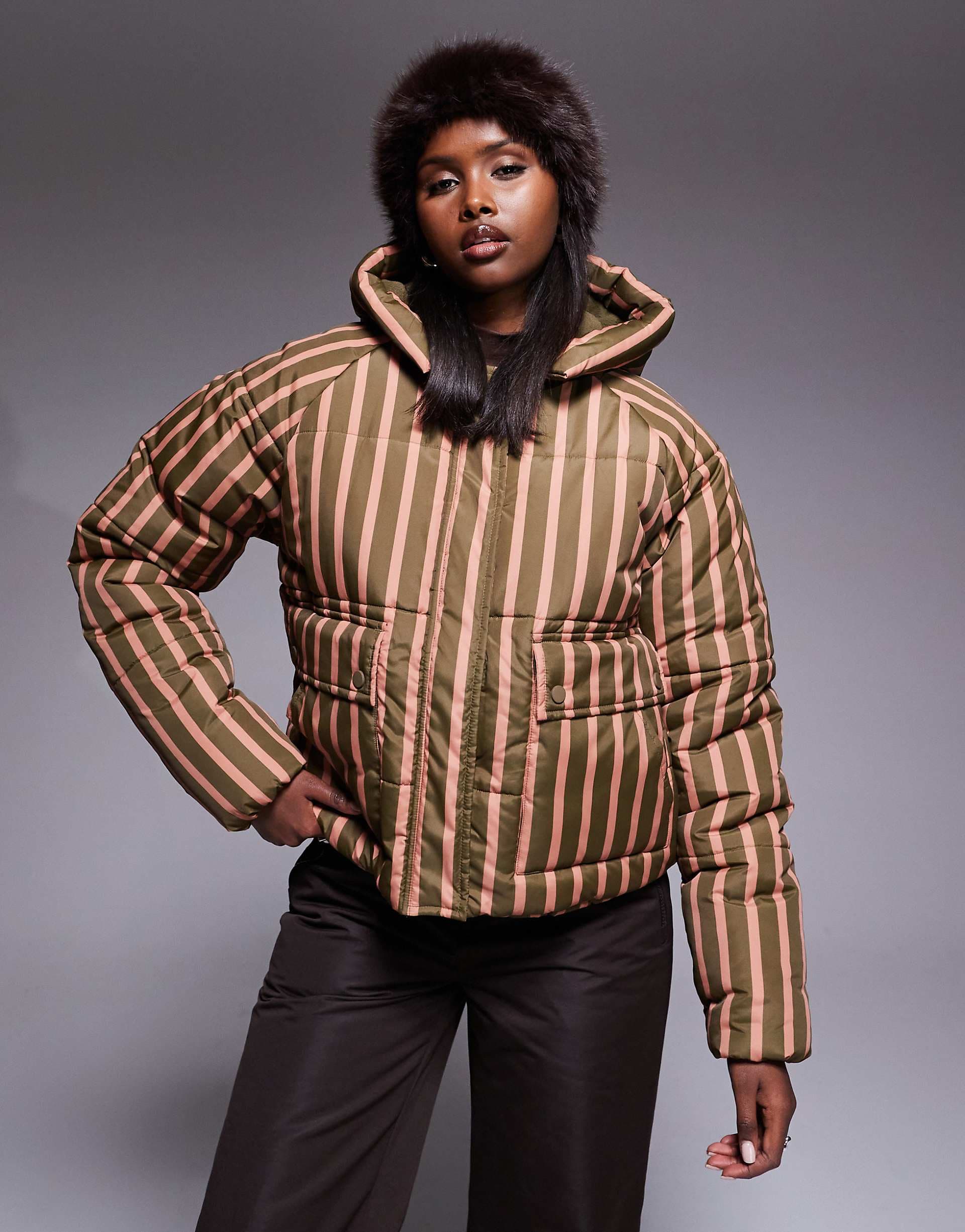 Threadbare Ski striped puffer coat with hood in green and pink