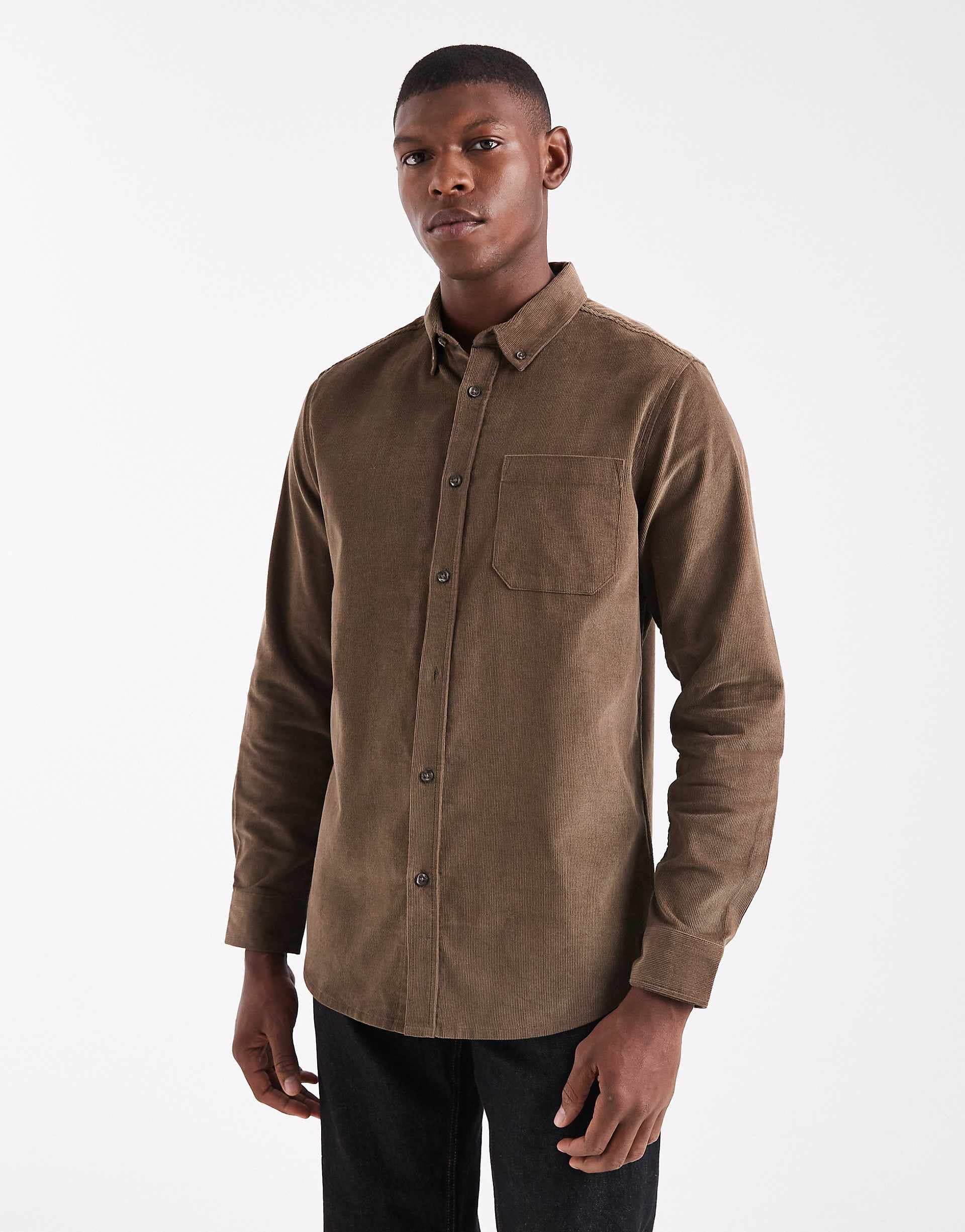 Threadbare fine corduroy button down shirt in brown