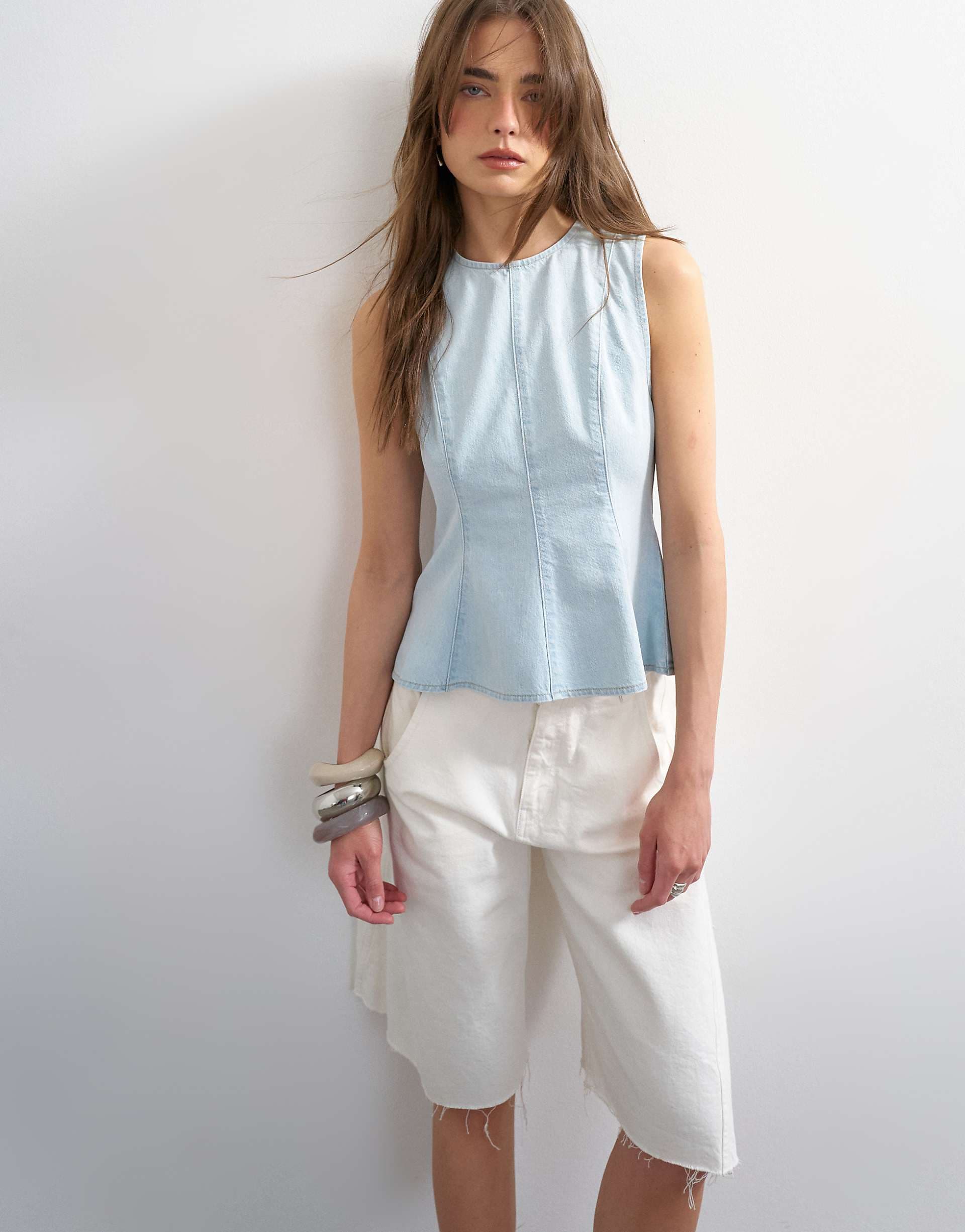 Topshop denim seamed peplum top in bleach