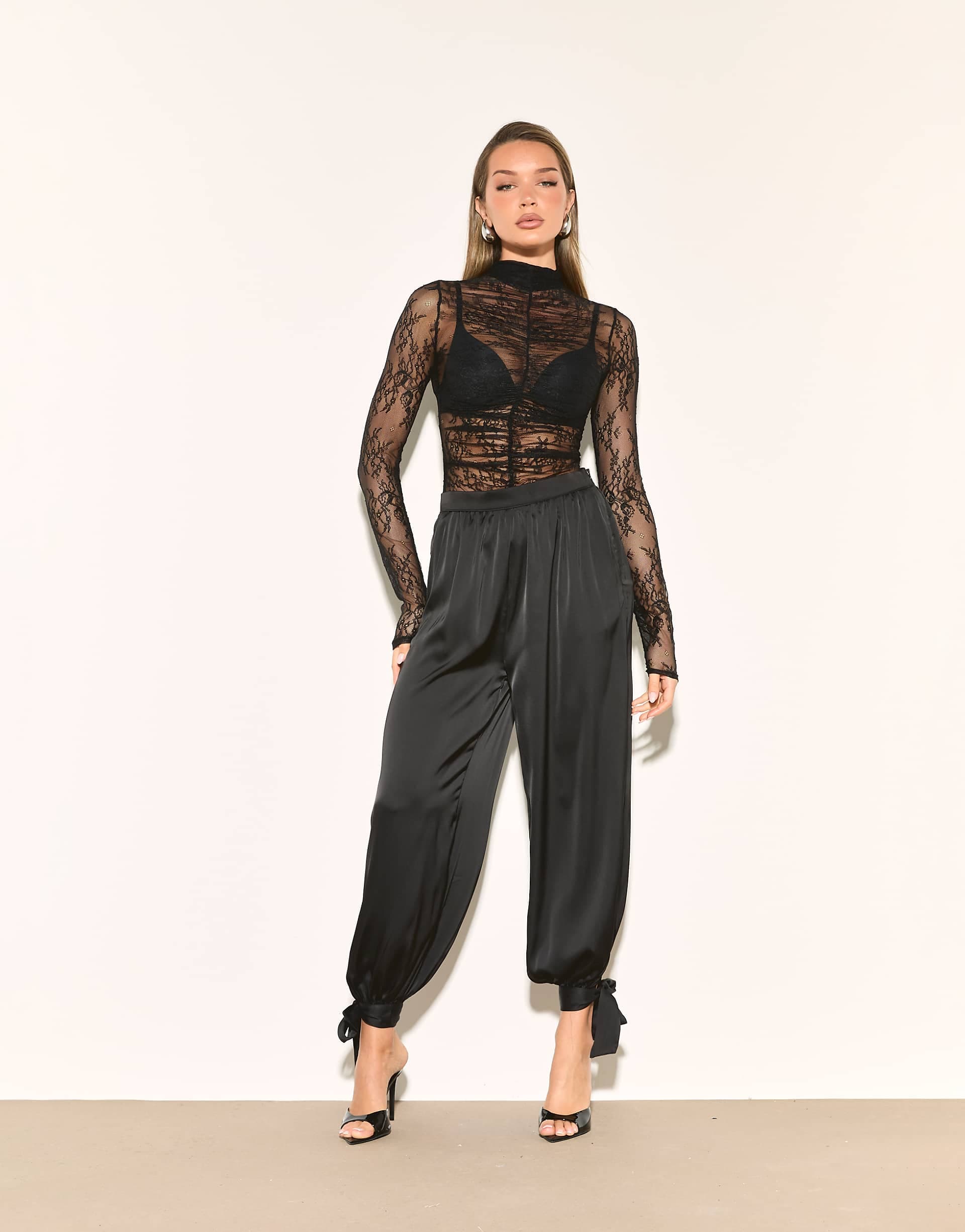 Noughts & Kisses balloon leg tie detailing satin pants in black