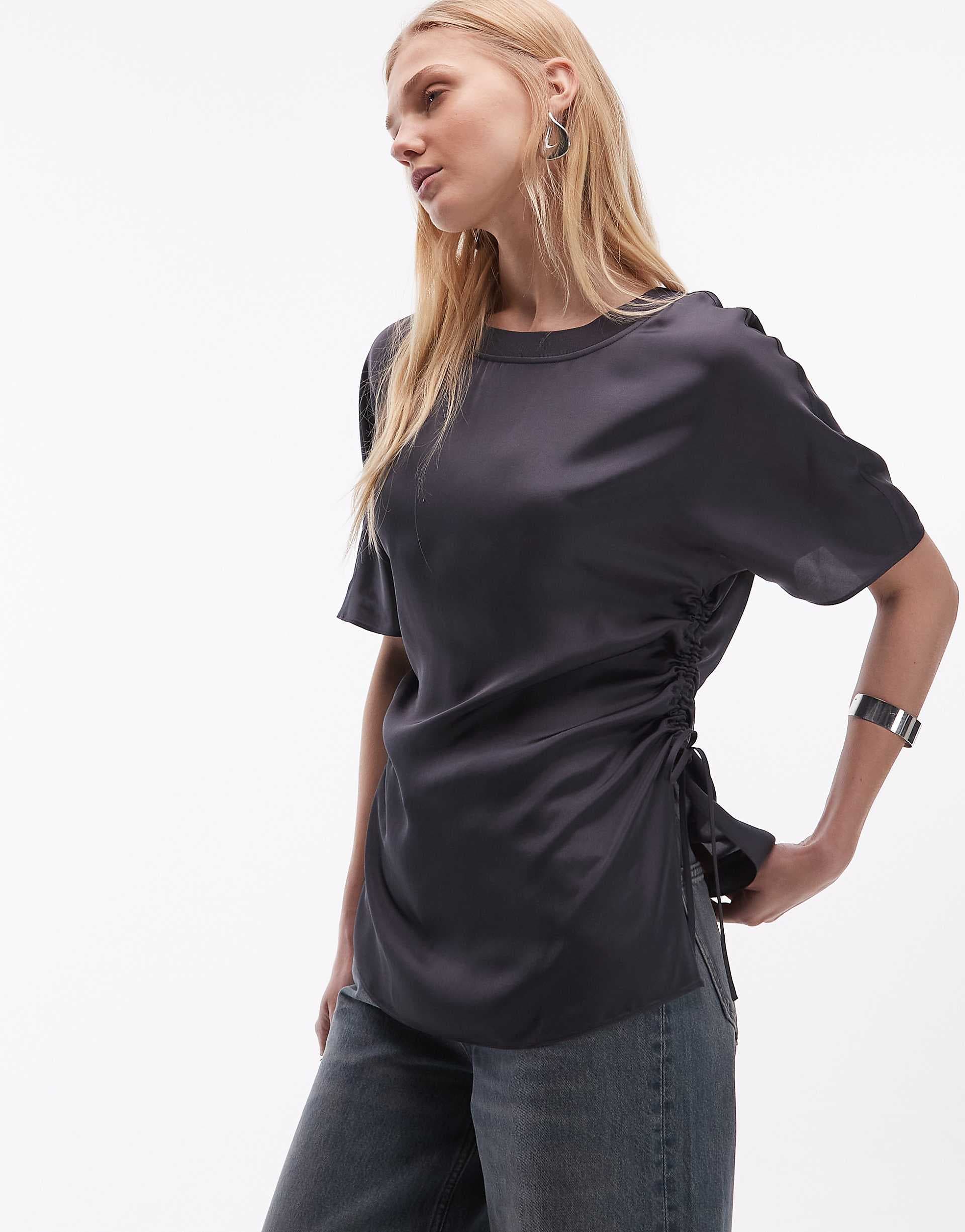 ARKET satin longline t-shirt with ruched waist in dark gray