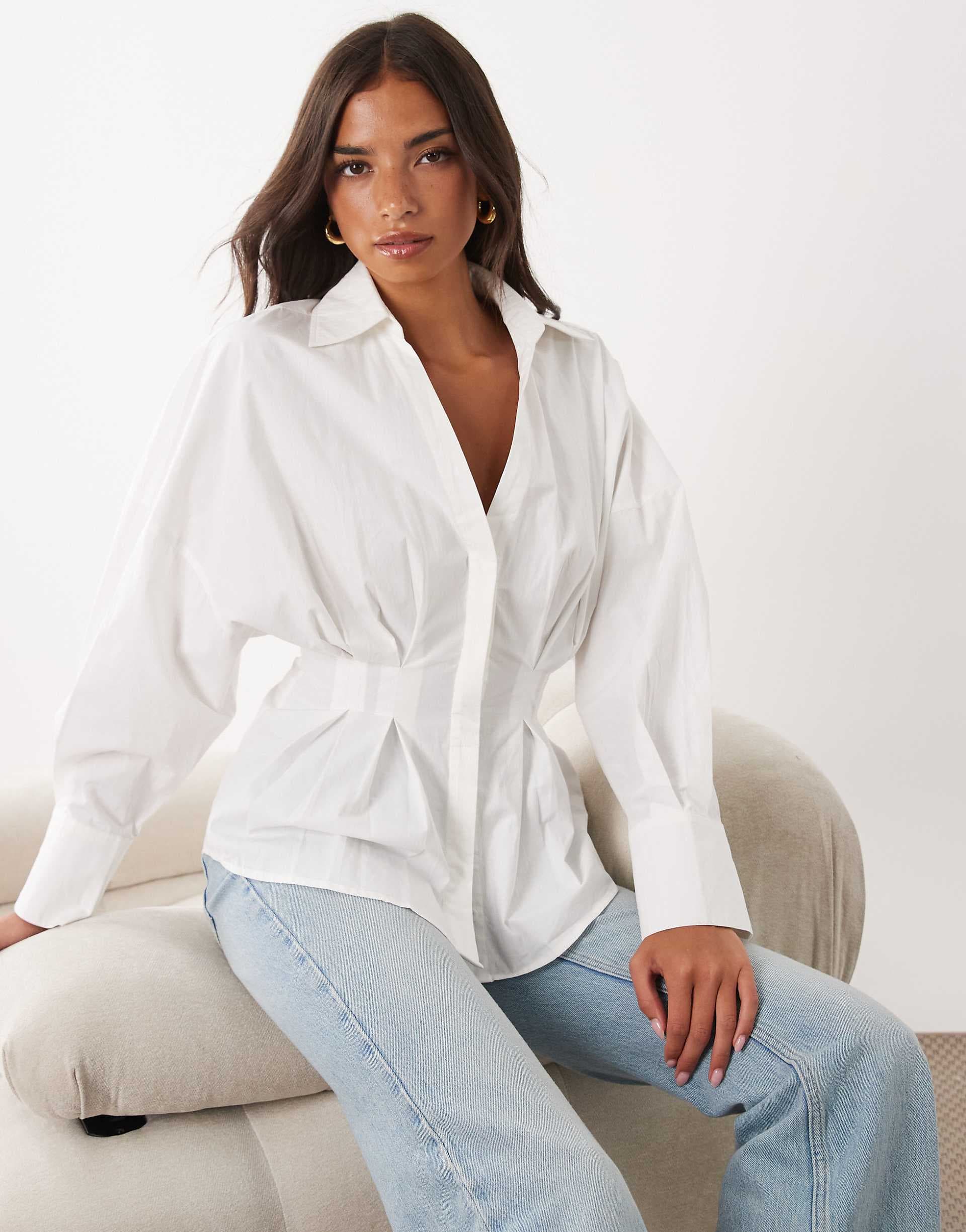 Kaiia cotton cinched waist button up balloon sleeve shirt in white