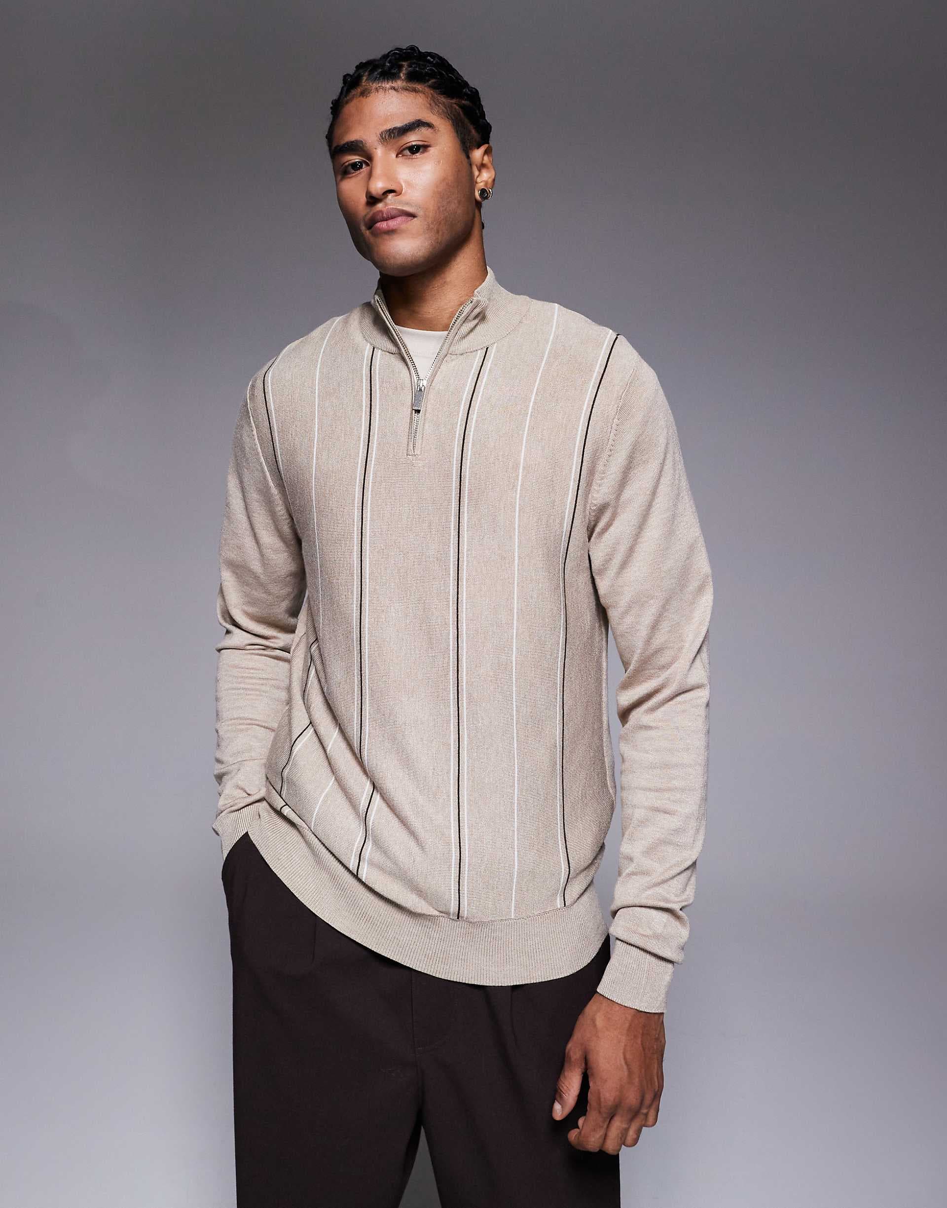 River Island knit striped half zip sweater in stone