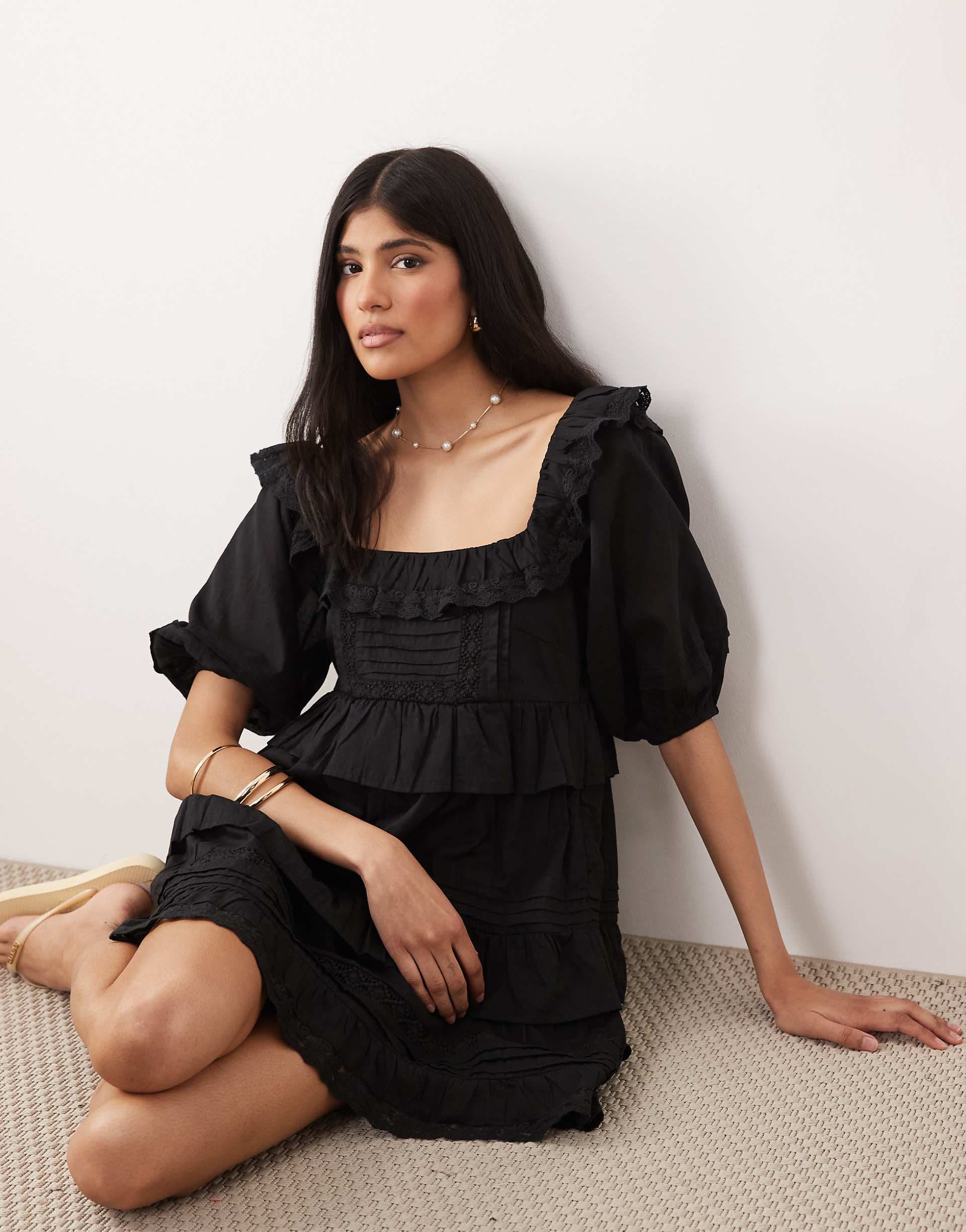 Miss Selfridge broderie ruffle milkmaid dress in black