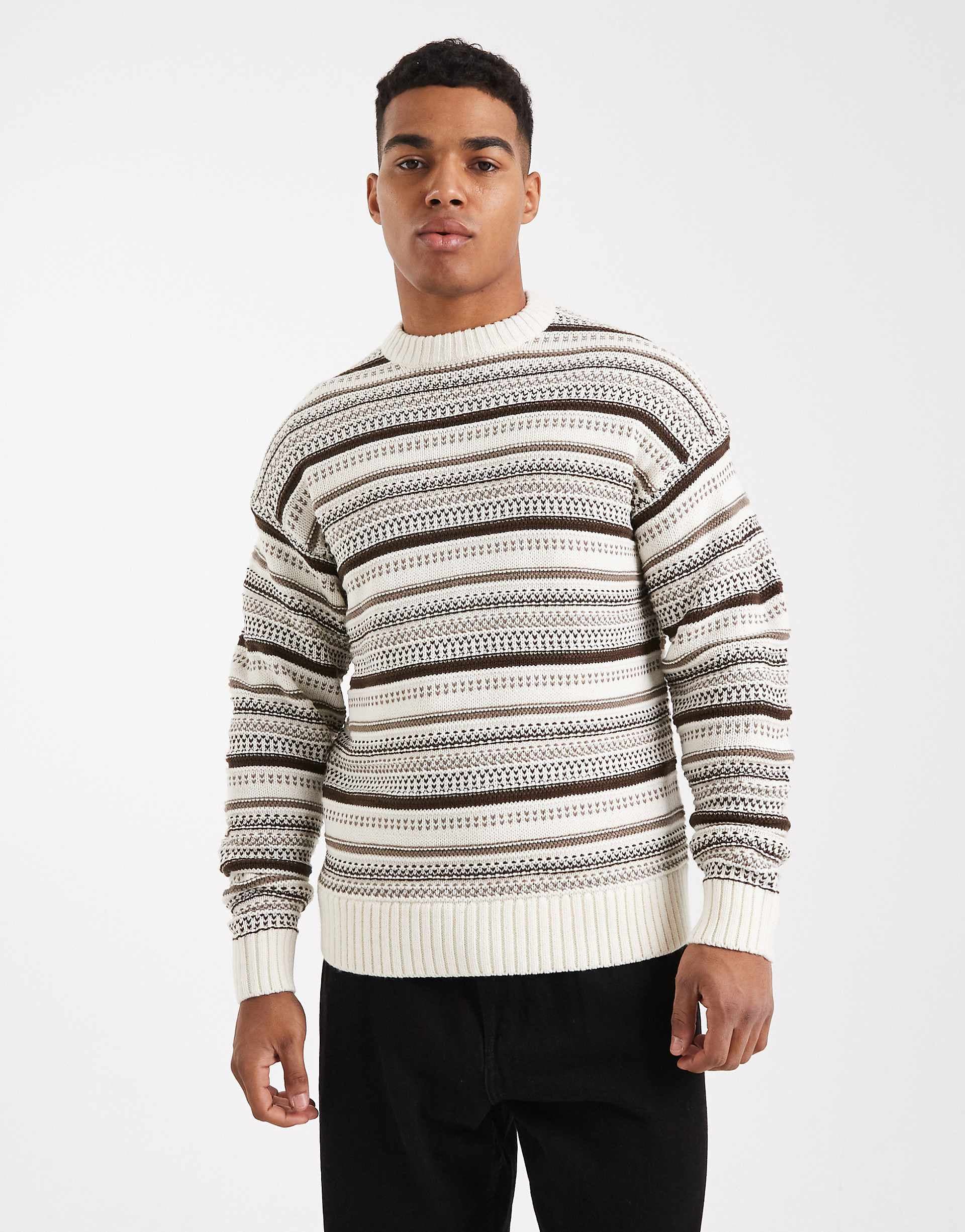 ONLY & SONS textured crew neck knit sweater in cream & brown