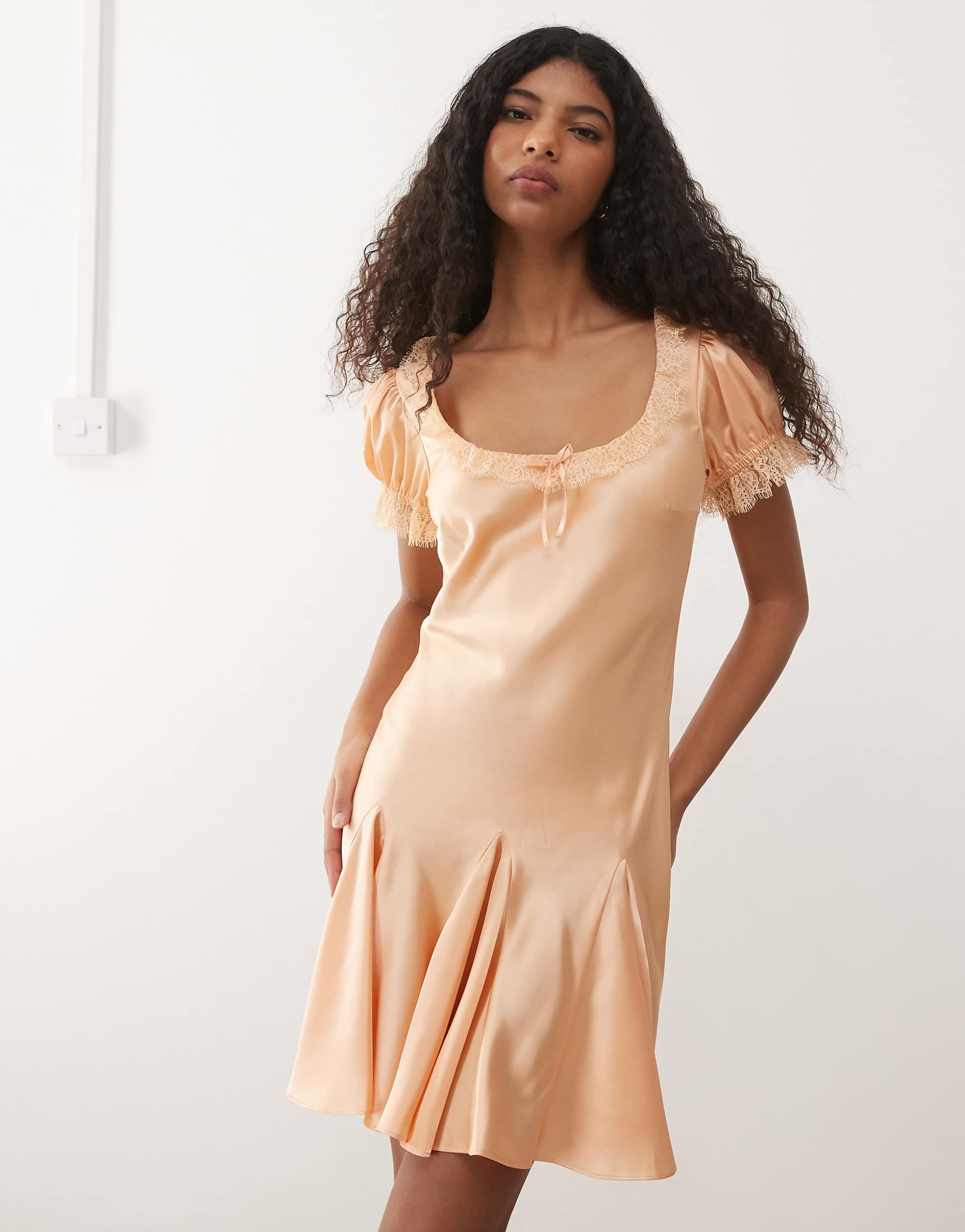 Reclaimed Vintage mini day dress with lace trim and godets in peach