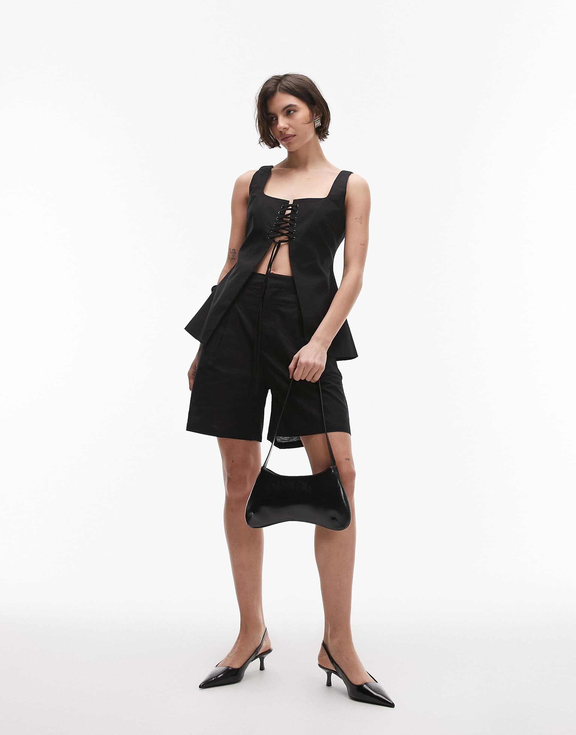 SNDYS linen blend longline shorts in black - part of a set