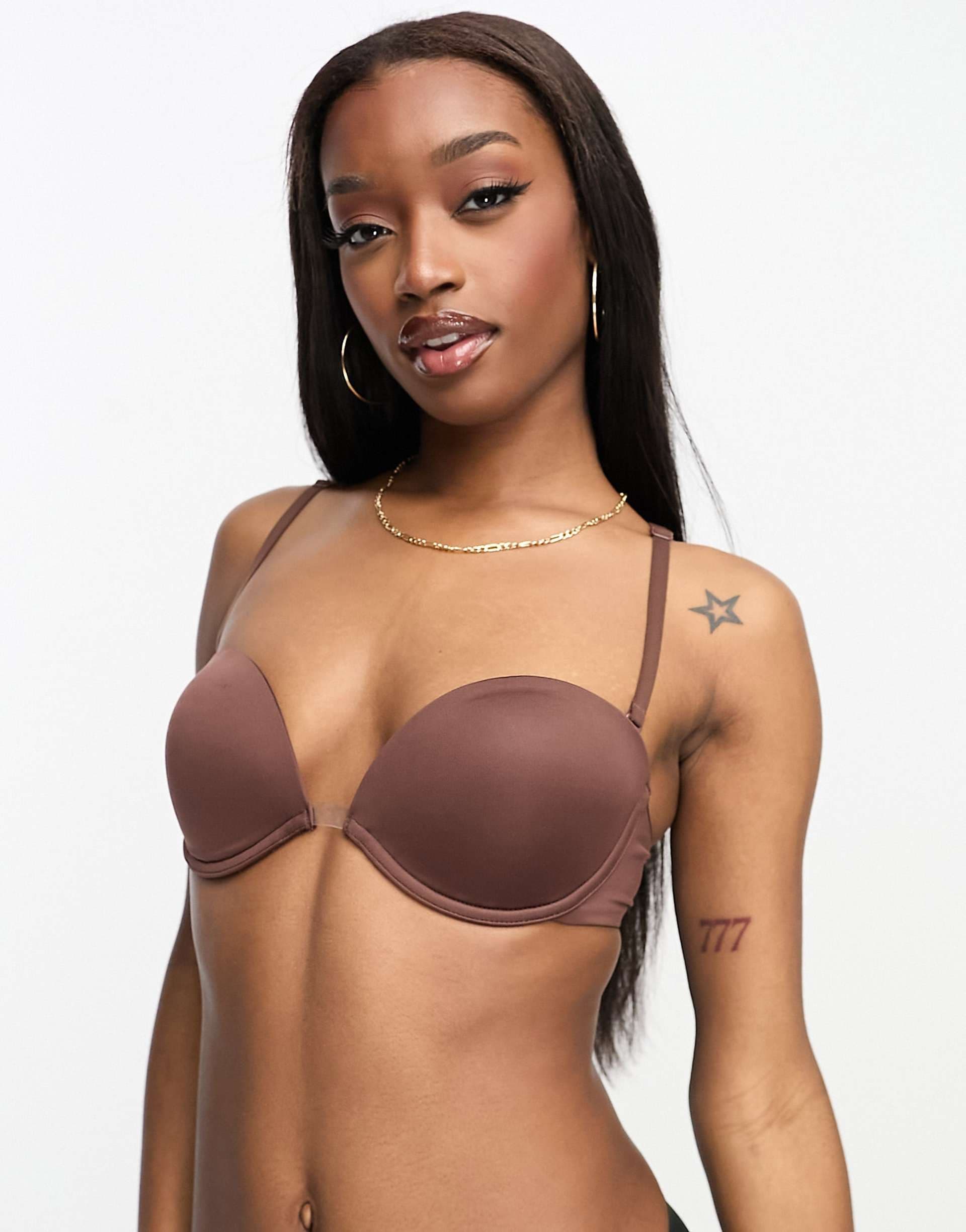 ASOS DESIGN molded multiway strapless bra with clear center in brown