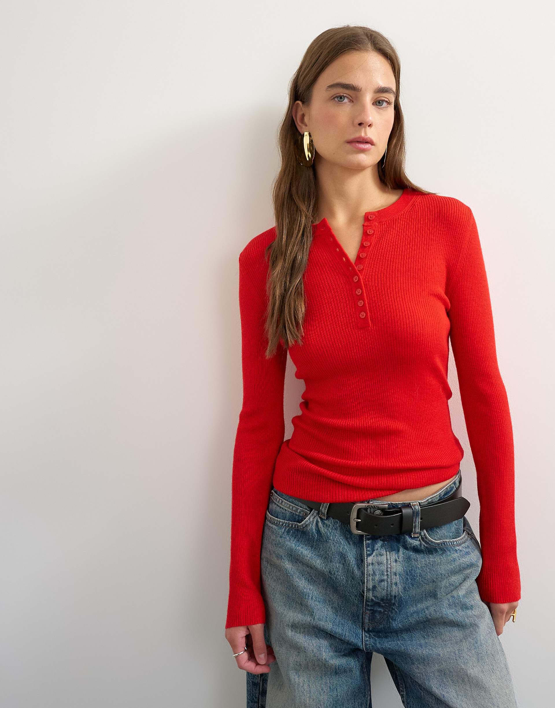 Topshop knit wool blend henley neck long sleeve top red