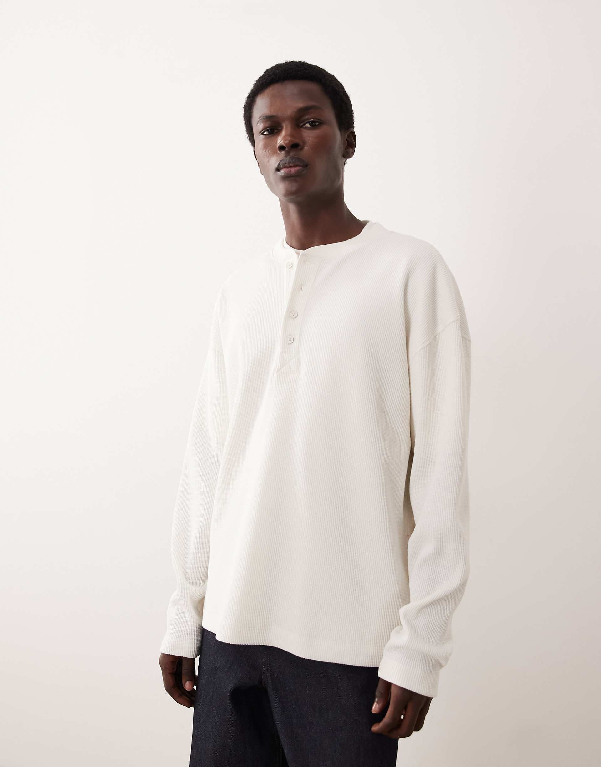 ASOS COLLECTIVE super heavyweight oversized boxy long sleeve waffle knit henley t-shirt in cream