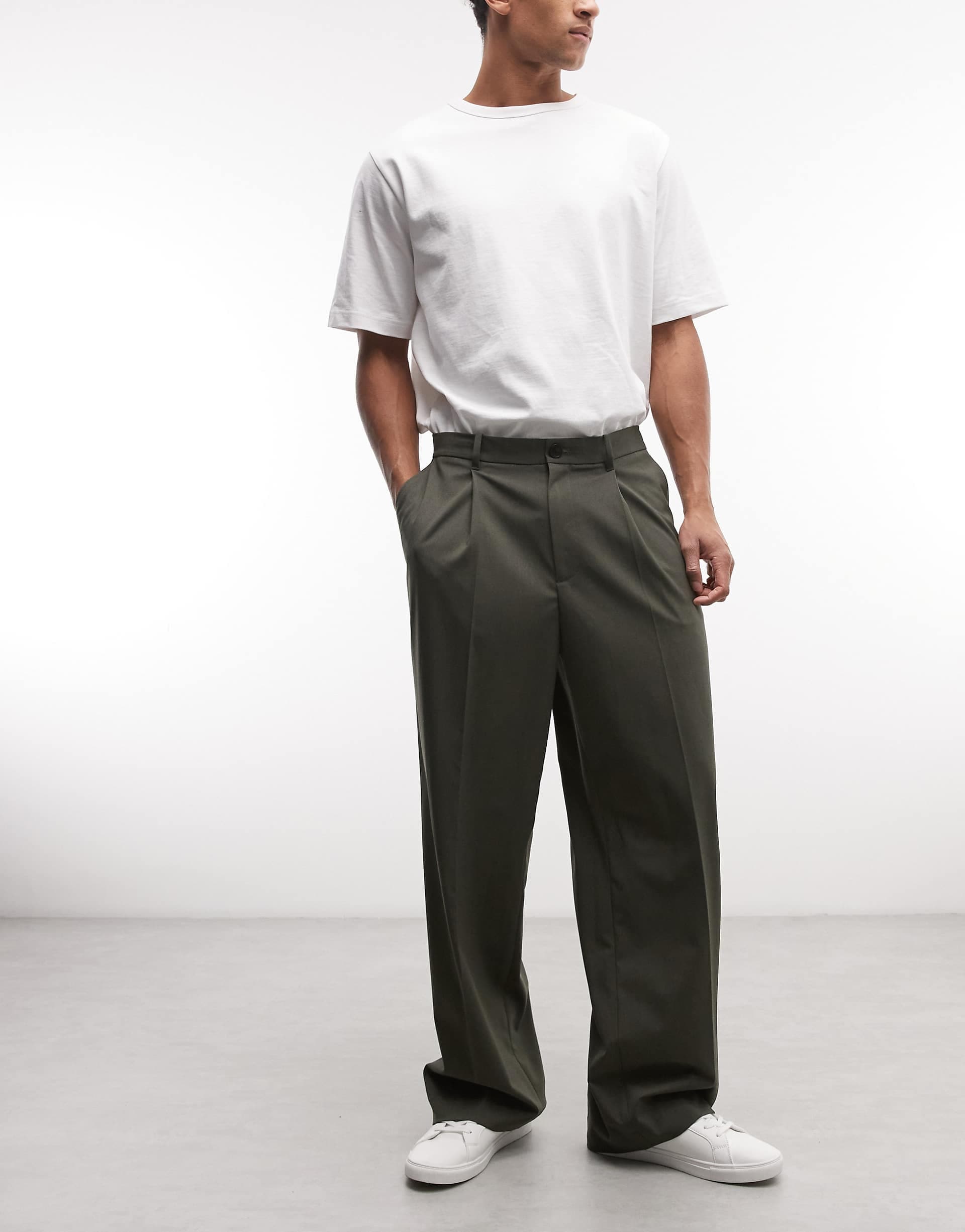 Weekday loose fit tailored pants in khaki green melange