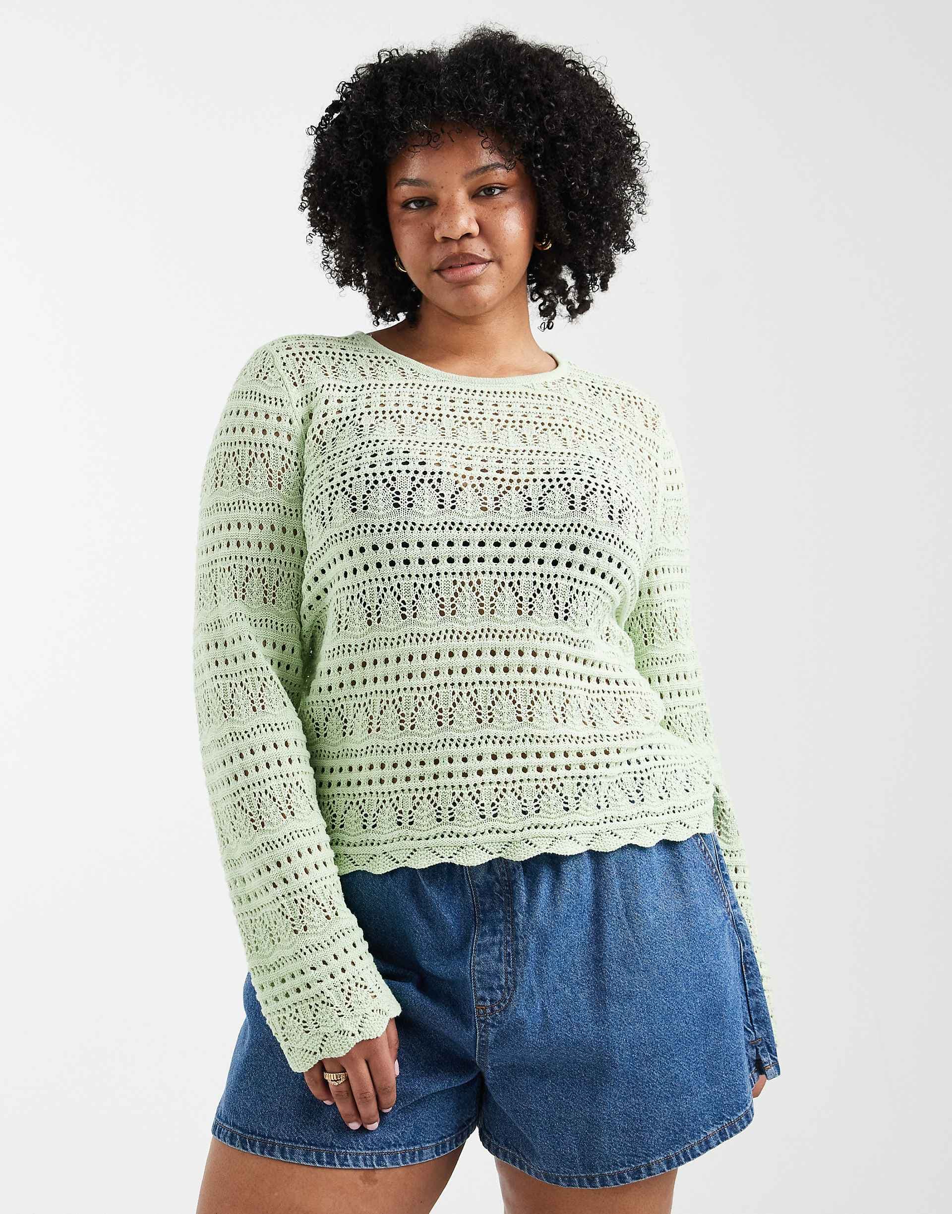 ONLY Curve long sleeve crochet top in light green