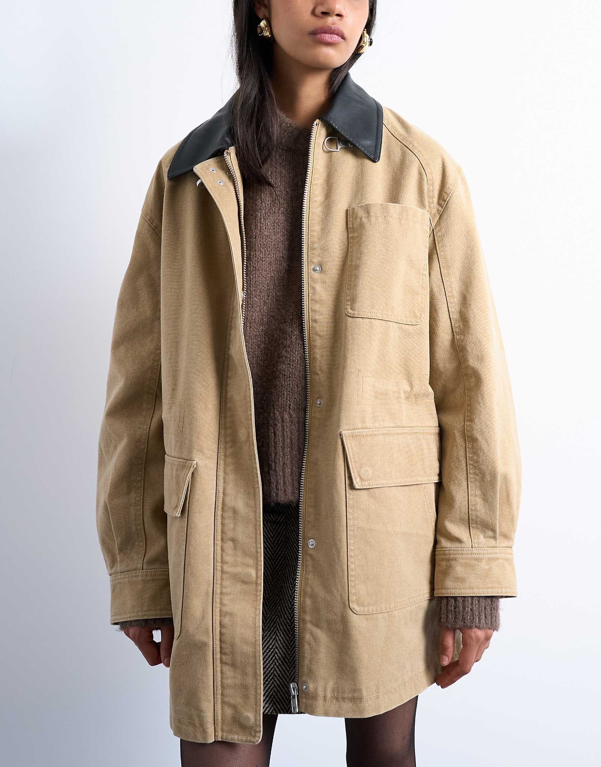 Topshop super oversized barn jacket with buckle detail in tan