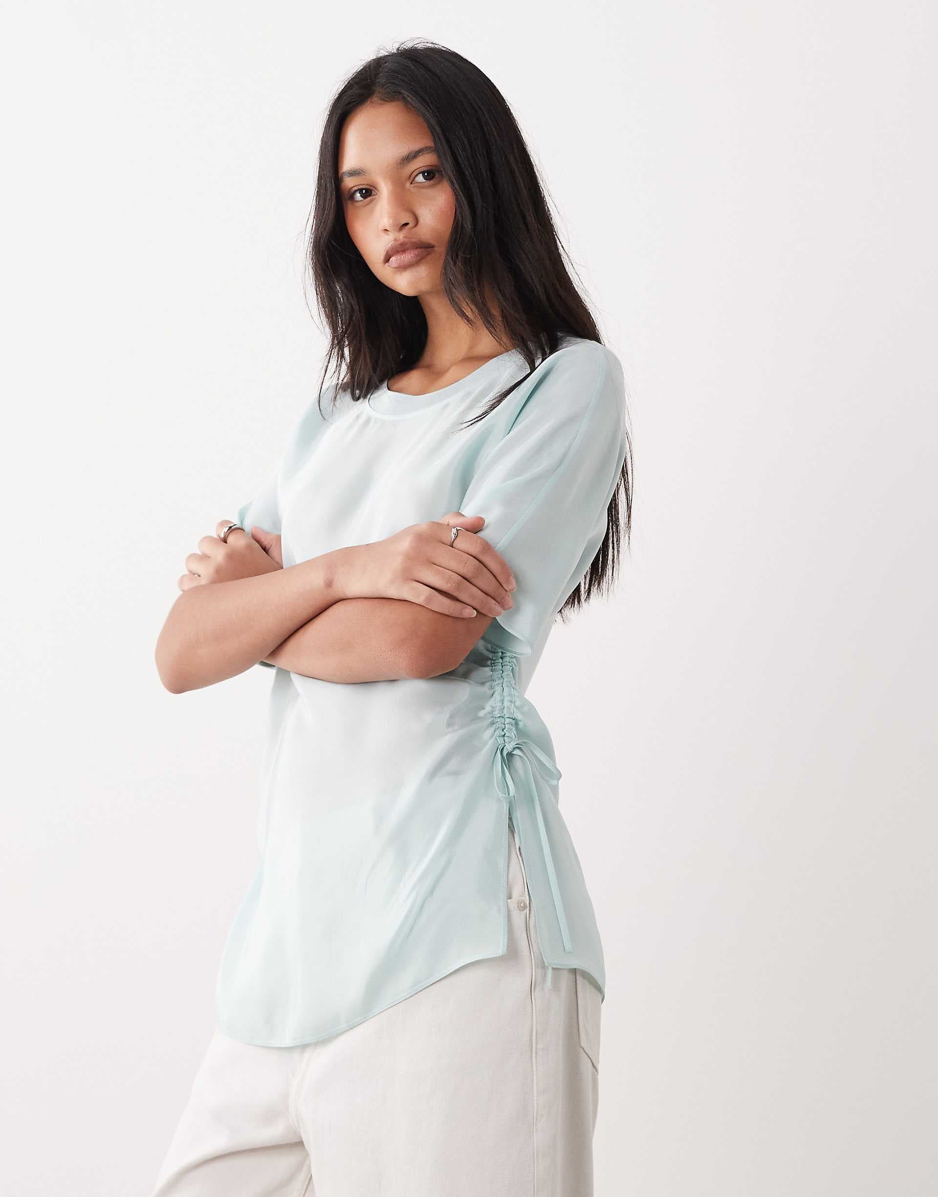 ARKET satin longline t-shirt with ruched waist in mint green