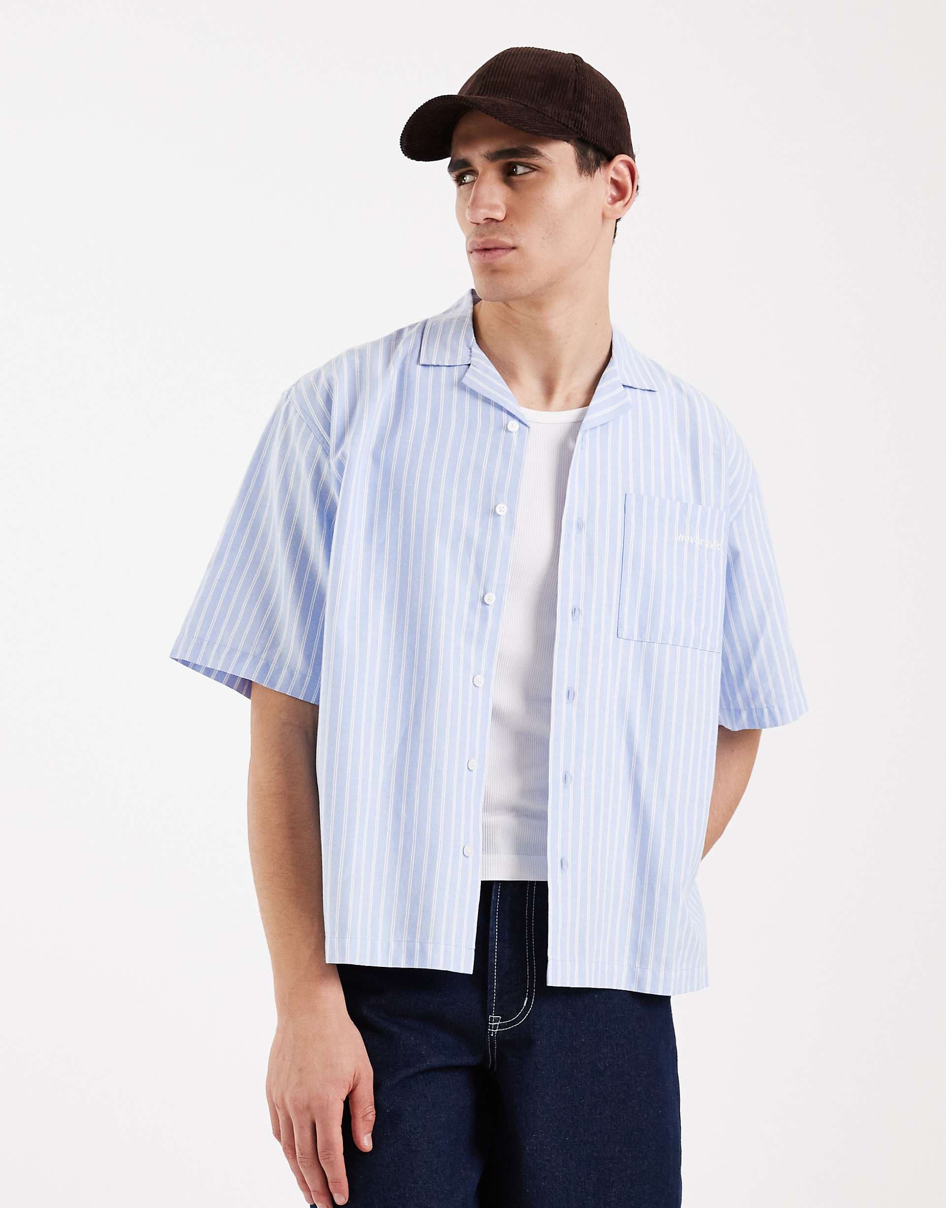 Redefined Rebel Kabir oversized fit short sleeve striped shirt in light blue